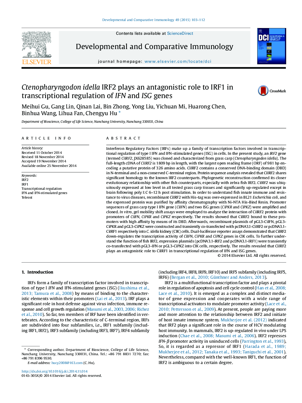 Ctenopharyngodon idella IRF2 plays an antagonistic role to IRF1 in transcriptional regulation of IFN and ISG genes