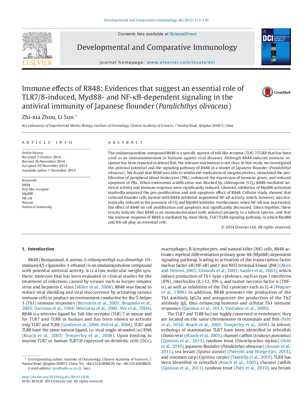 Immune effects of R848: Evidences that suggest an essential role of TLR7/8-induced, Myd88- and NF-κB-dependent signaling in the antiviral immunity of Japanese flounder (Paralichthys olivaceus)