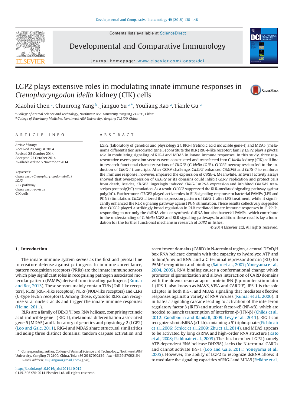 LGP2 plays extensive roles in modulating innate immune responses in Ctenopharyngodon idella kidney (CIK) cells