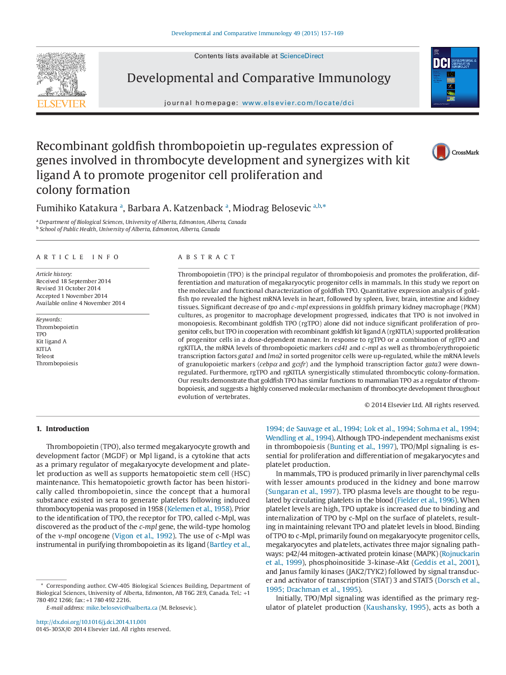 Recombinant goldfish thrombopoietin up-regulates expression of genes involved in thrombocyte development and synergizes with kit ligand A to promote progenitor cell proliferation and colony formation