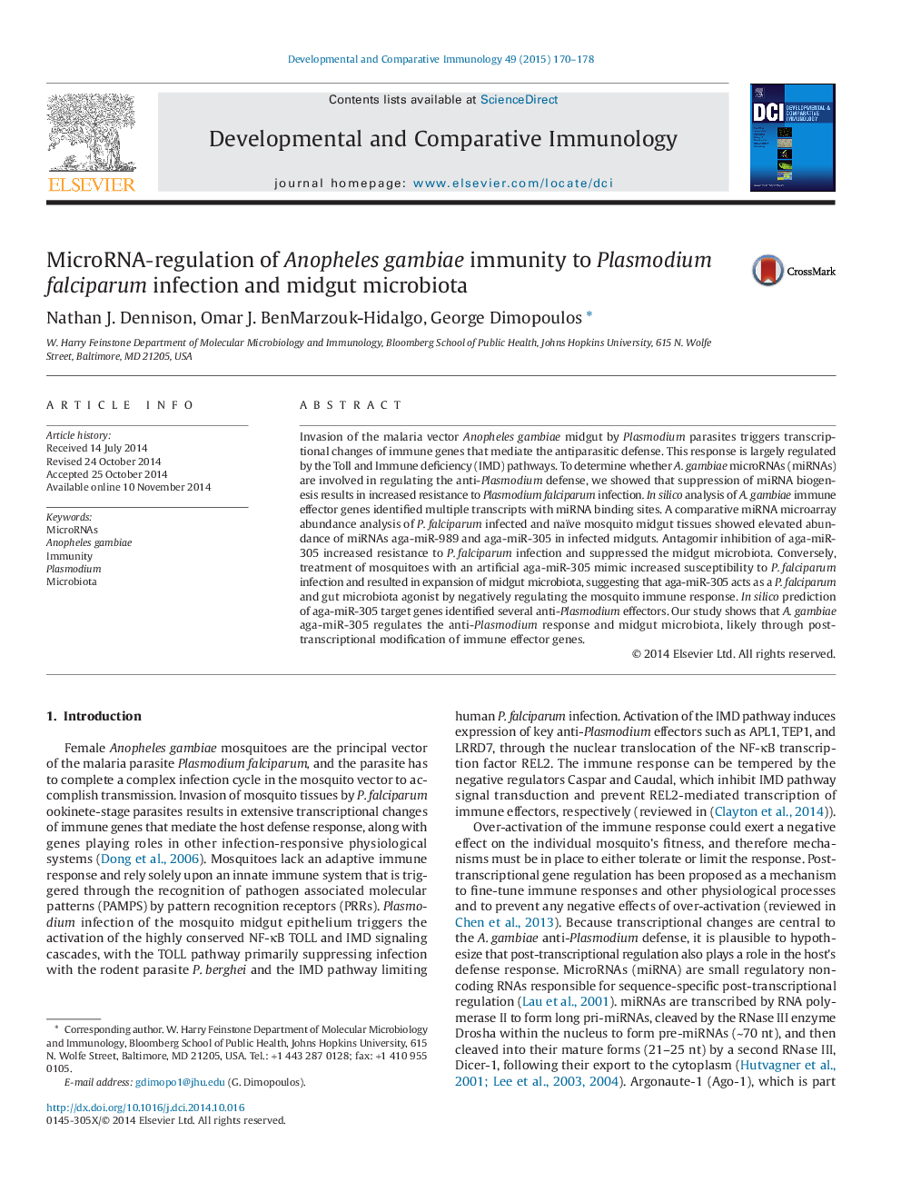 MicroRNA-regulation of Anopheles gambiae immunity to Plasmodium falciparum infection and midgut microbiota