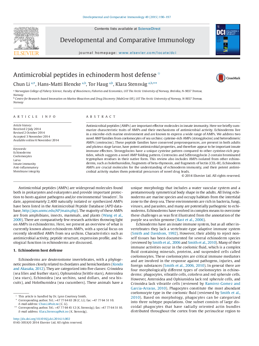 Antimicrobial peptides in echinoderm host defense 