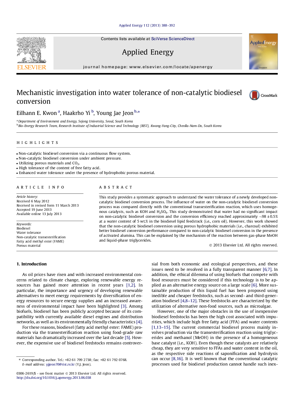 عکس صفحه اول مقاله: Mechanistic investigation into water tolerance of non-catalytic biodiesel conversion Mechanistic investigation into water tolerance of non-catalytic biodiesel conversion