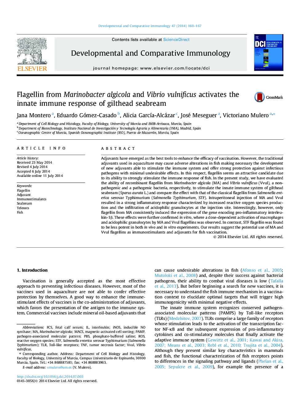 عکس صفحه اول مقاله: Flagellin from Marinobacter algicola and Vibrio vulnificus activates the innate immune response of gilthead seabream Flagellin from Marinobacter algicola and Vibrio vulnificus activates the innate immune response of gilthead seabream