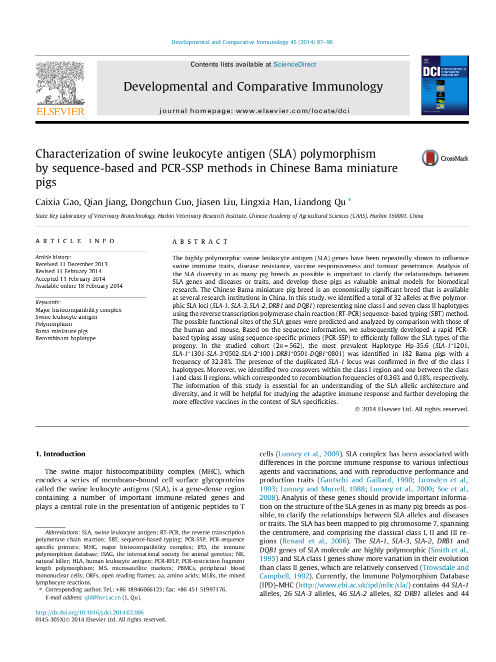 Characterization of swine leukocyte antigen (SLA) polymorphism by sequence-based and PCR-SSP methods in Chinese Bama miniature pigs