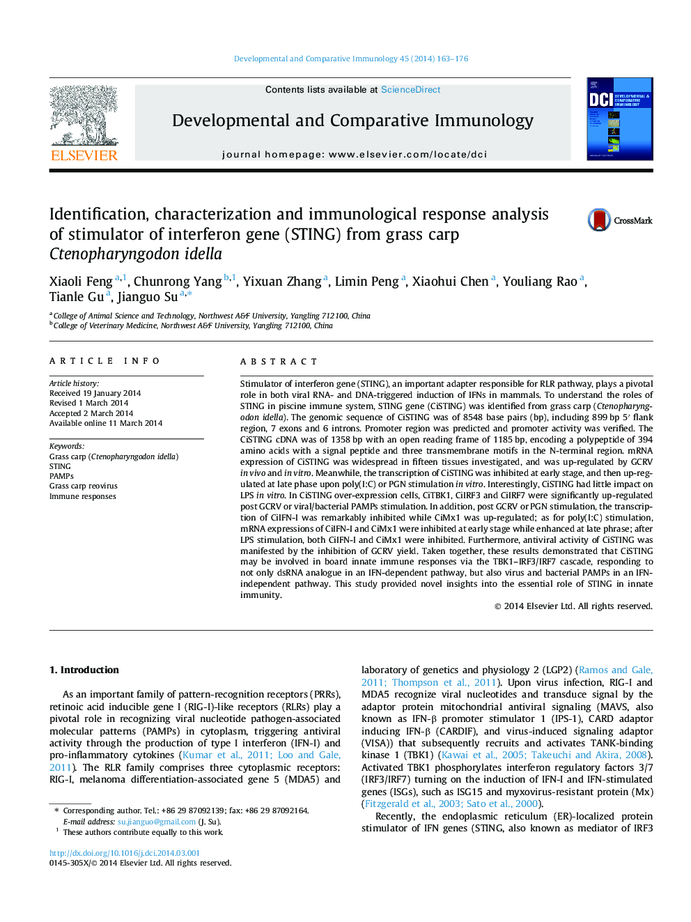 Identification, characterization and immunological response analysis of stimulator of interferon gene (STING) from grass carp Ctenopharyngodon idella