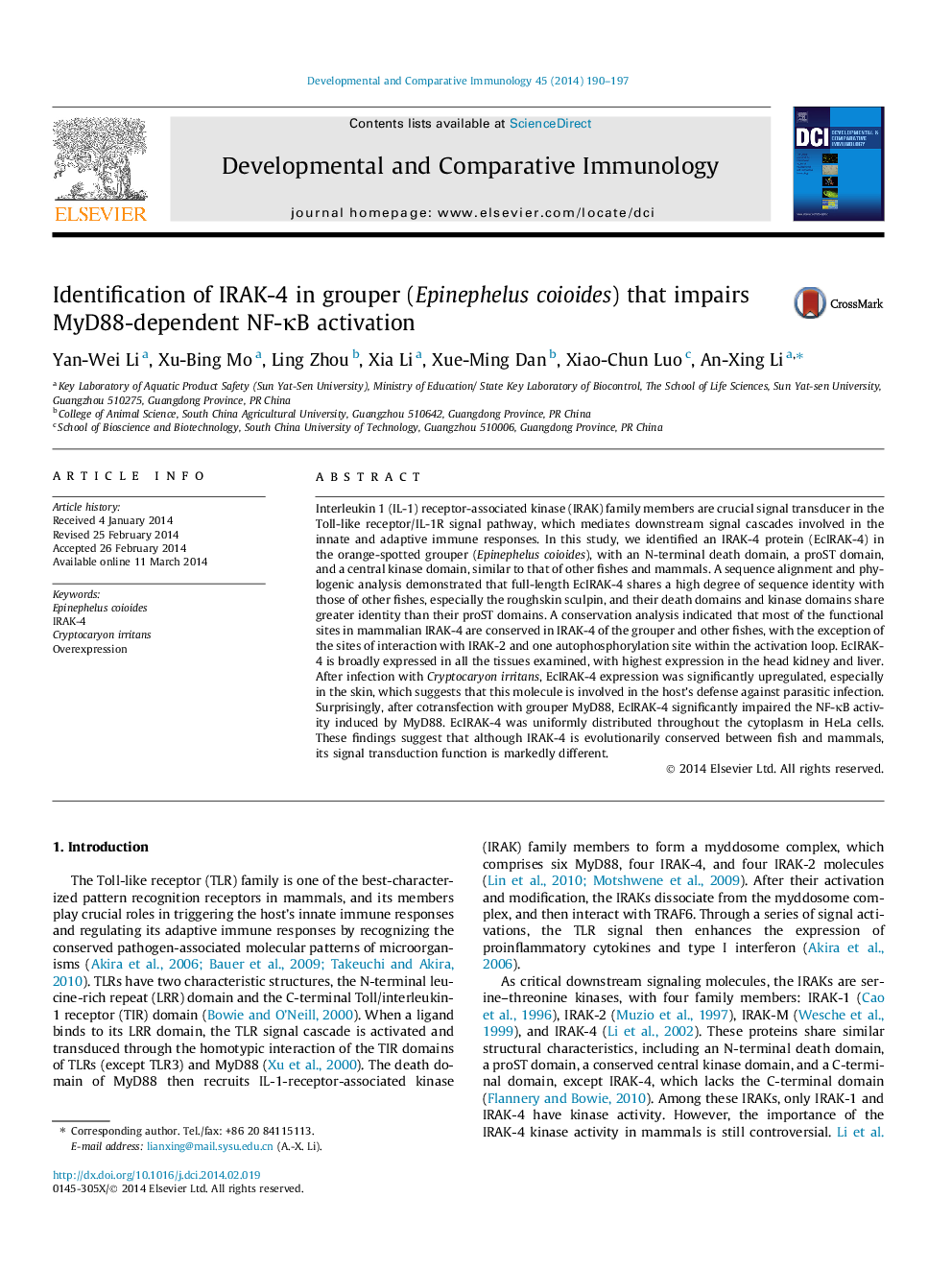 Identification of IRAK-4 in grouper (Epinephelus coioides) that impairs MyD88-dependent NF-κB activation