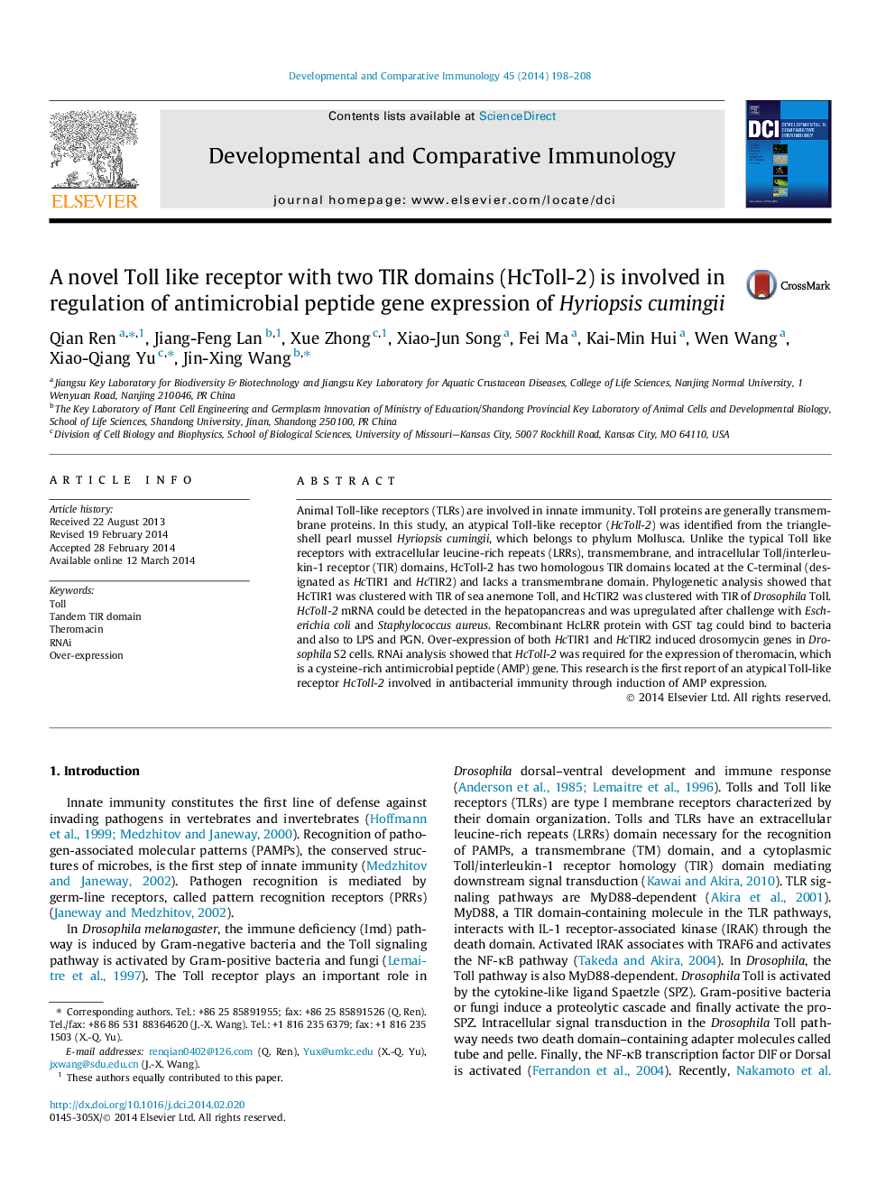 A novel Toll like receptor with two TIR domains (HcToll-2) is involved in regulation of antimicrobial peptide gene expression of Hyriopsis cumingii