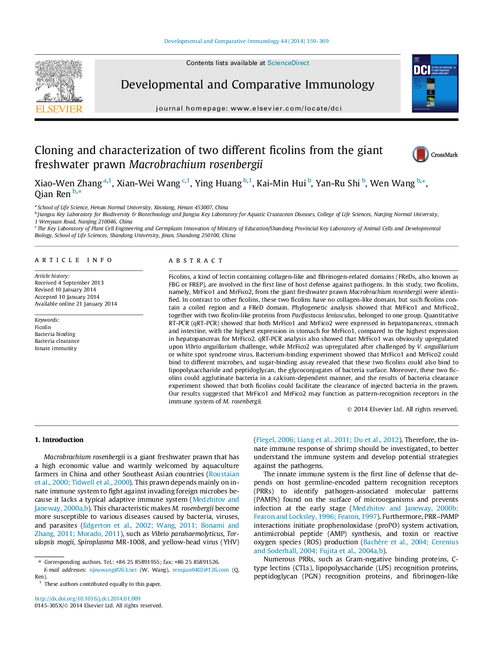 Cloning and characterization of two different ficolins from the giant freshwater prawn Macrobrachium rosenbergii