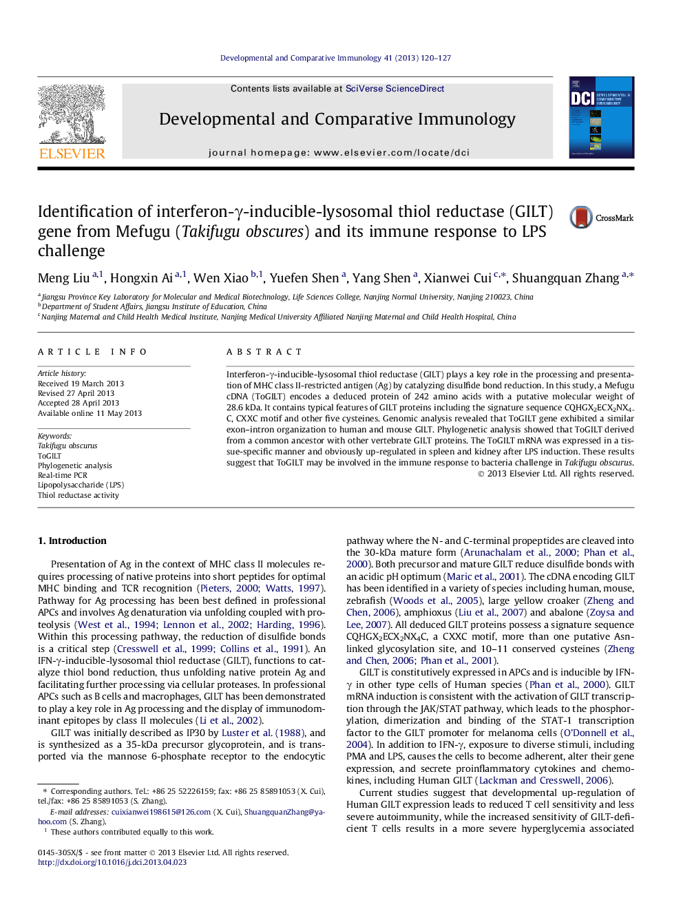 Identification of interferon-γ-inducible-lysosomal thiol reductase (GILT) gene from Mefugu (Takifugu obscures) and its immune response to LPS challenge