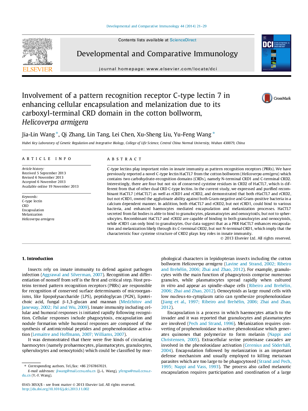 Involvement of a pattern recognition receptor C-type lectin 7 in enhancing cellular encapsulation and melanization due to its carboxyl-terminal CRD domain in the cotton bollworm, Helicoverpa armigera