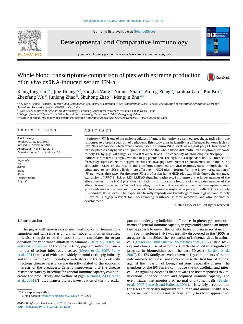 Whole blood transcriptome comparison of pigs with extreme production of in vivo dsRNA-induced serum IFN-a