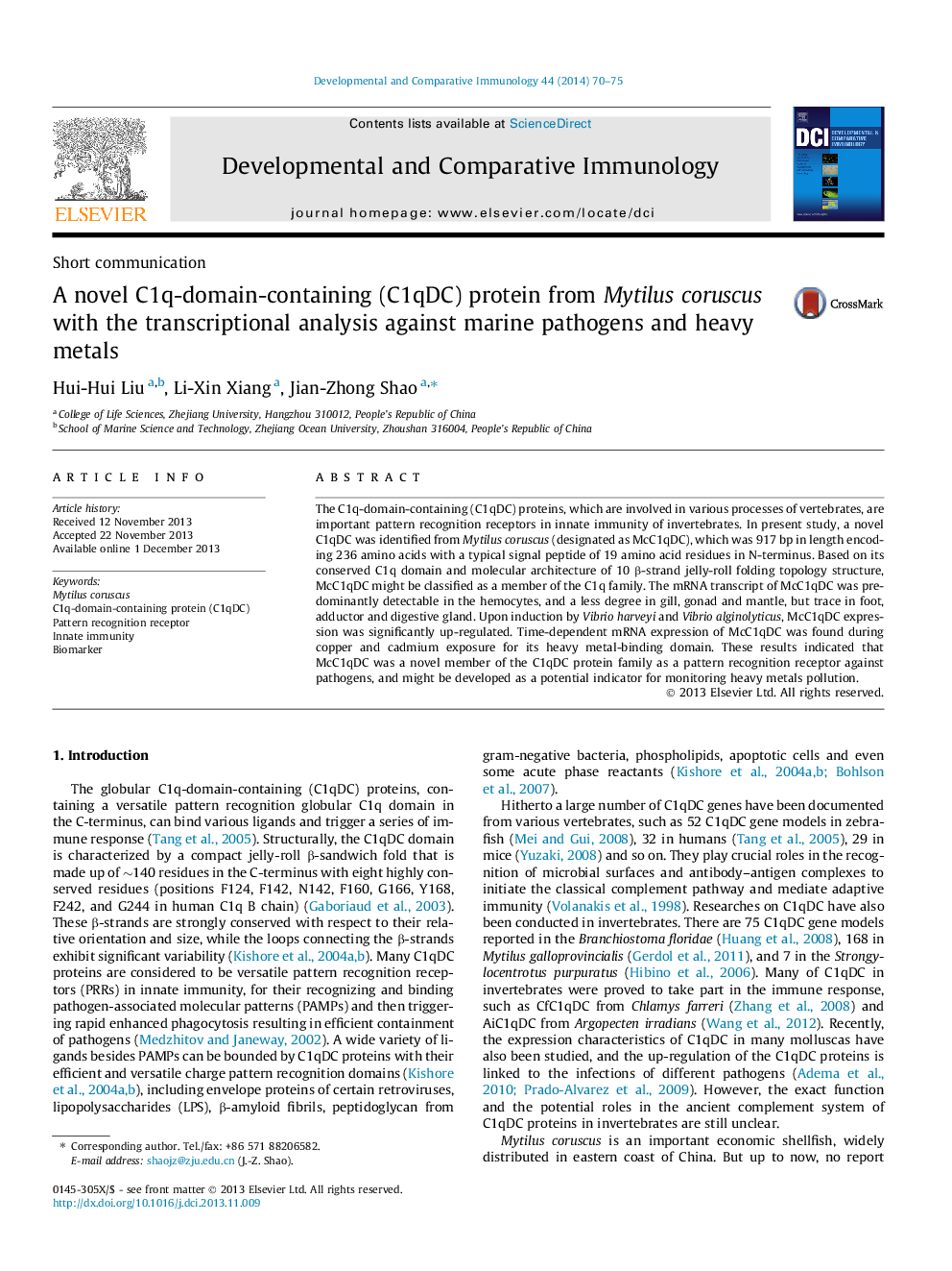 A novel C1q-domain-containing (C1qDC) protein from Mytilus coruscus with the transcriptional analysis against marine pathogens and heavy metals