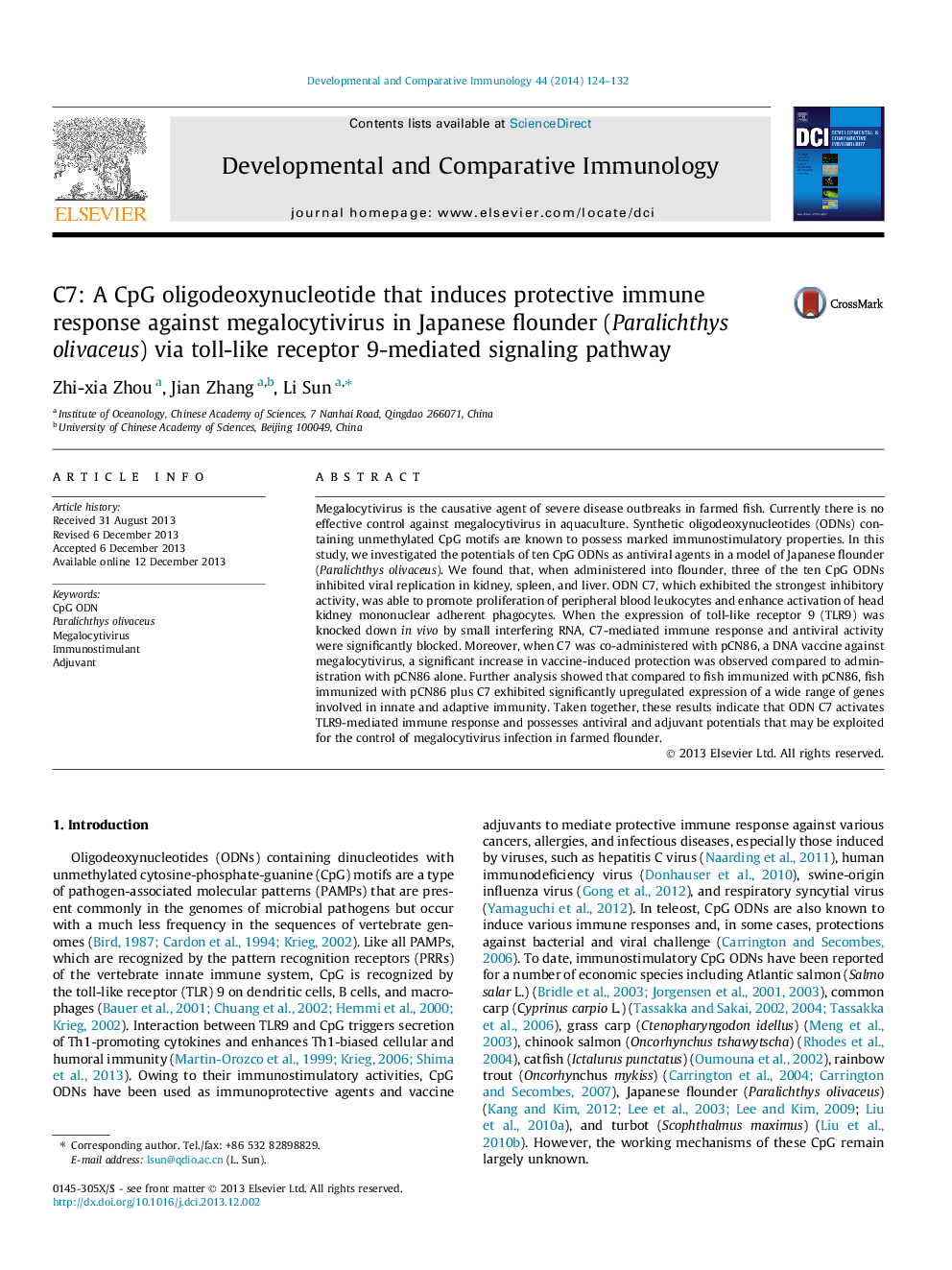 C7: A CpG oligodeoxynucleotide that induces protective immune response against megalocytivirus in Japanese flounder (Paralichthys olivaceus) via toll-like receptor 9-mediated signaling pathway