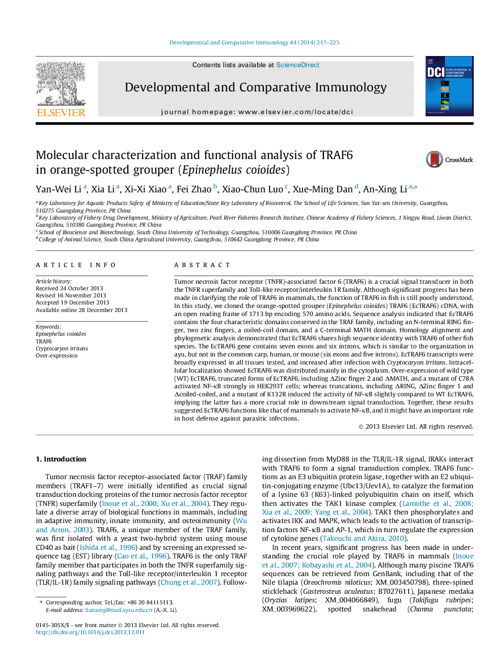 Molecular characterization and functional analysis of TRAF6 in orange-spotted grouper (Epinephelus coioides)