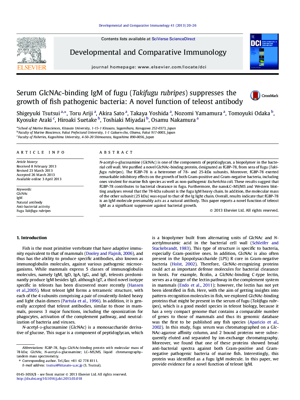 Serum GlcNAc-binding IgM of fugu (Takifugu rubripes) suppresses the growth of fish pathogenic bacteria: A novel function of teleost antibody