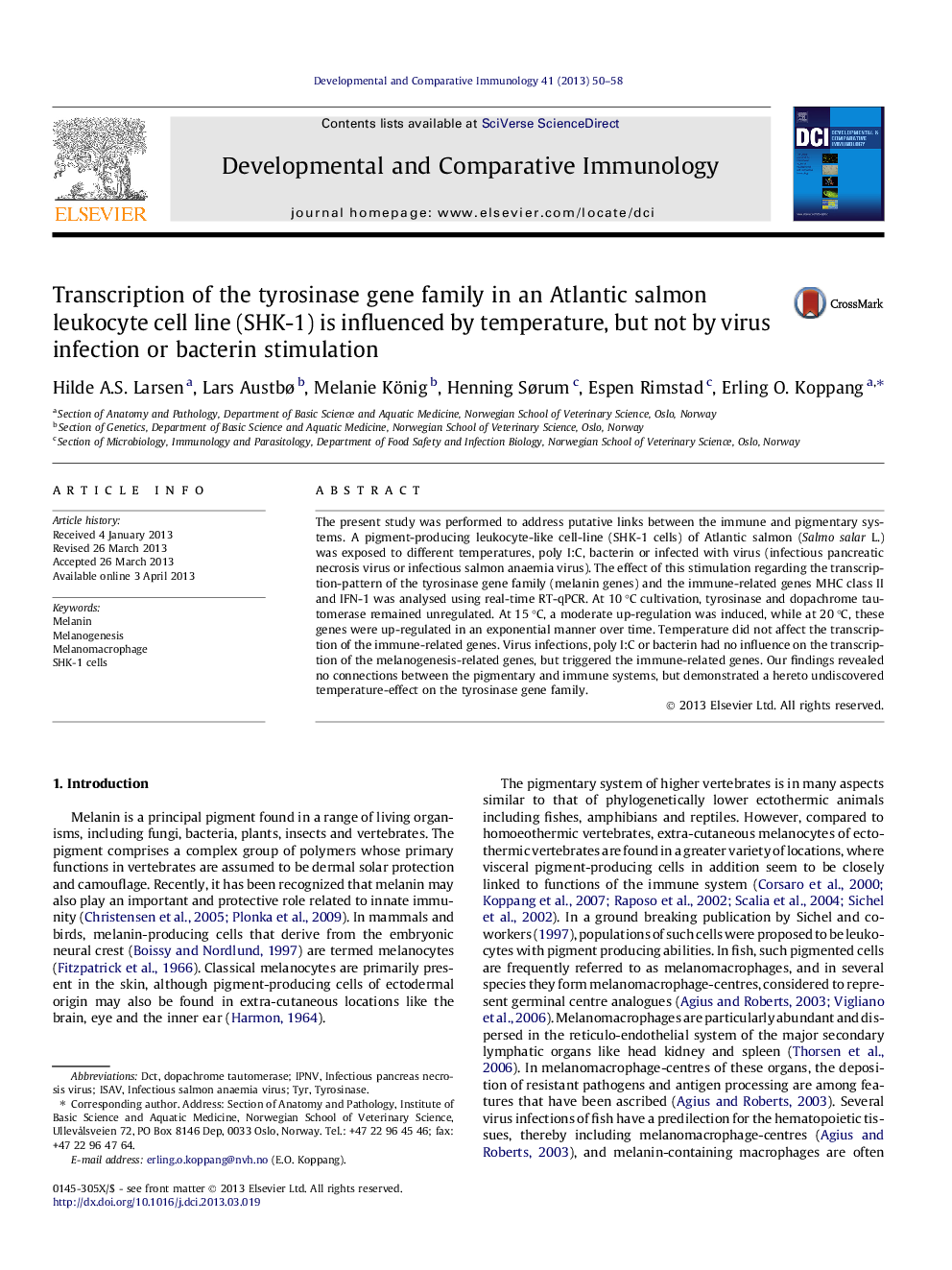 Transcription of the tyrosinase gene family in an Atlantic salmon leukocyte cell line (SHK-1) is influenced by temperature, but not by virus infection or bacterin stimulation