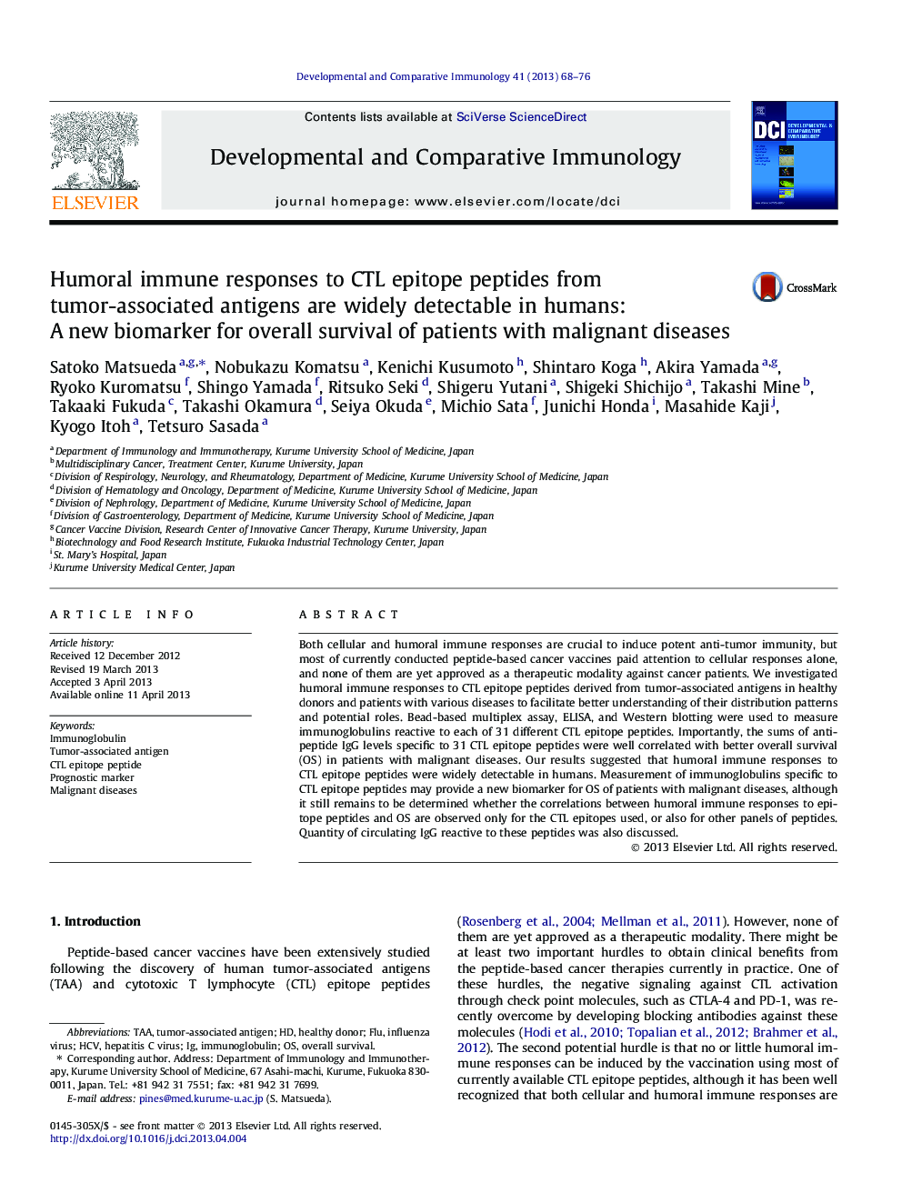 Humoral immune responses to CTL epitope peptides from tumor-associated antigens are widely detectable in humans: A new biomarker for overall survival of patients with malignant diseases