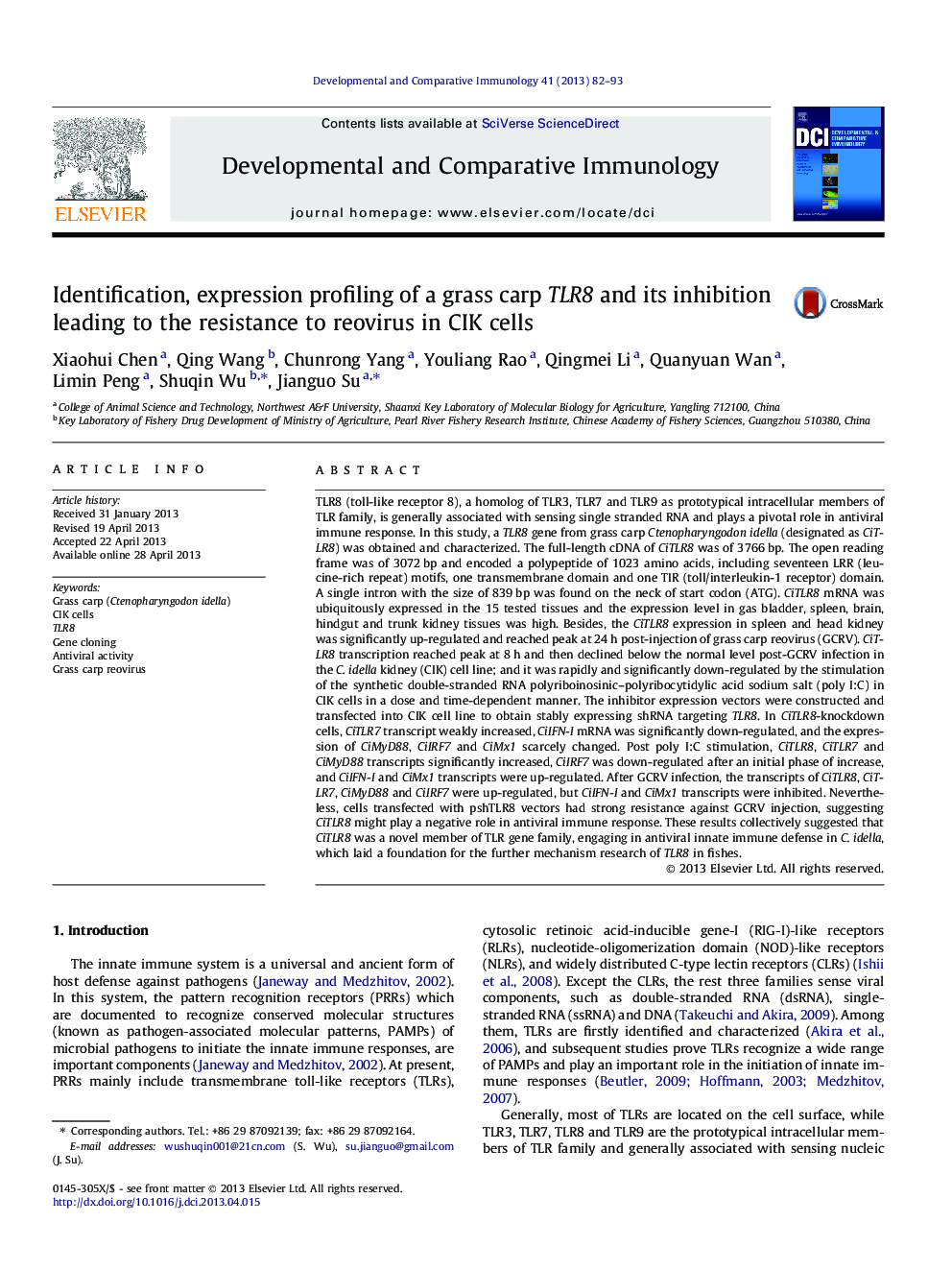 Identification, expression profiling of a grass carp TLR8 and its inhibition leading to the resistance to reovirus in CIK cells