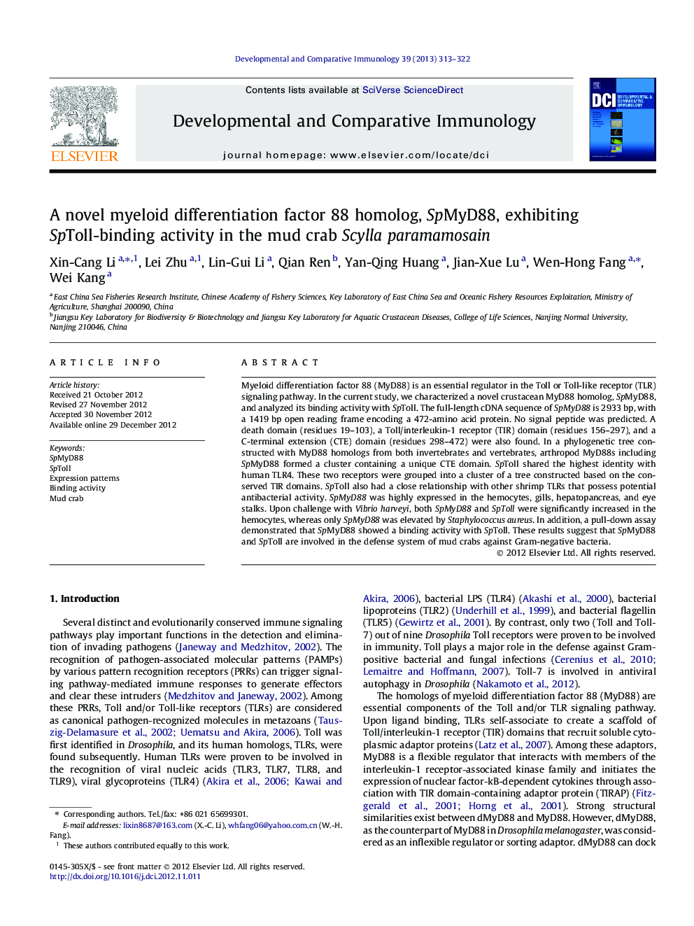 A novel myeloid differentiation factor 88 homolog, SpMyD88, exhibiting SpToll-binding activity in the mud crab Scylla paramamosain