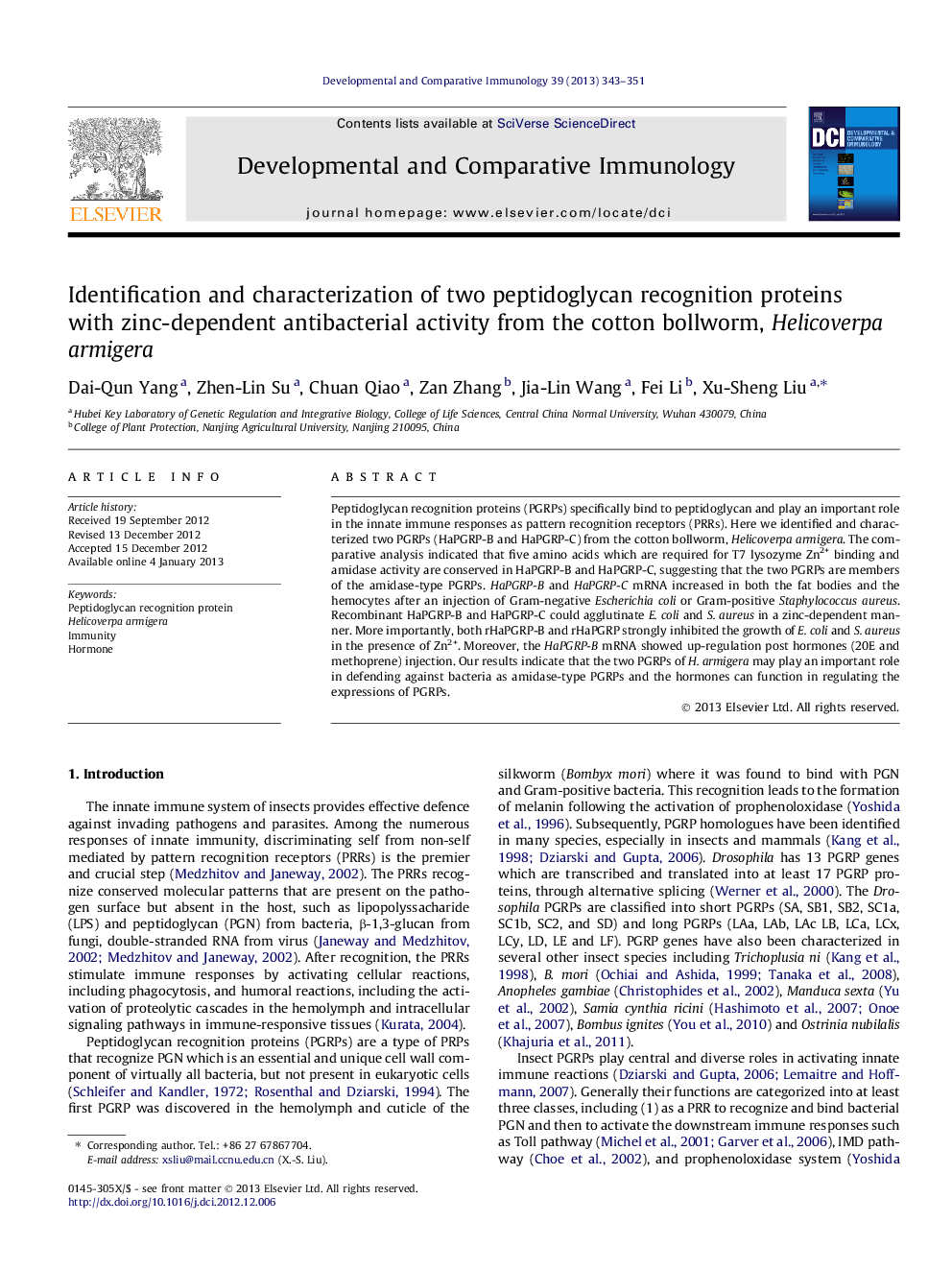 Identification and characterization of two peptidoglycan recognition proteins with zinc-dependent antibacterial activity from the cotton bollworm, Helicoverpa armigera