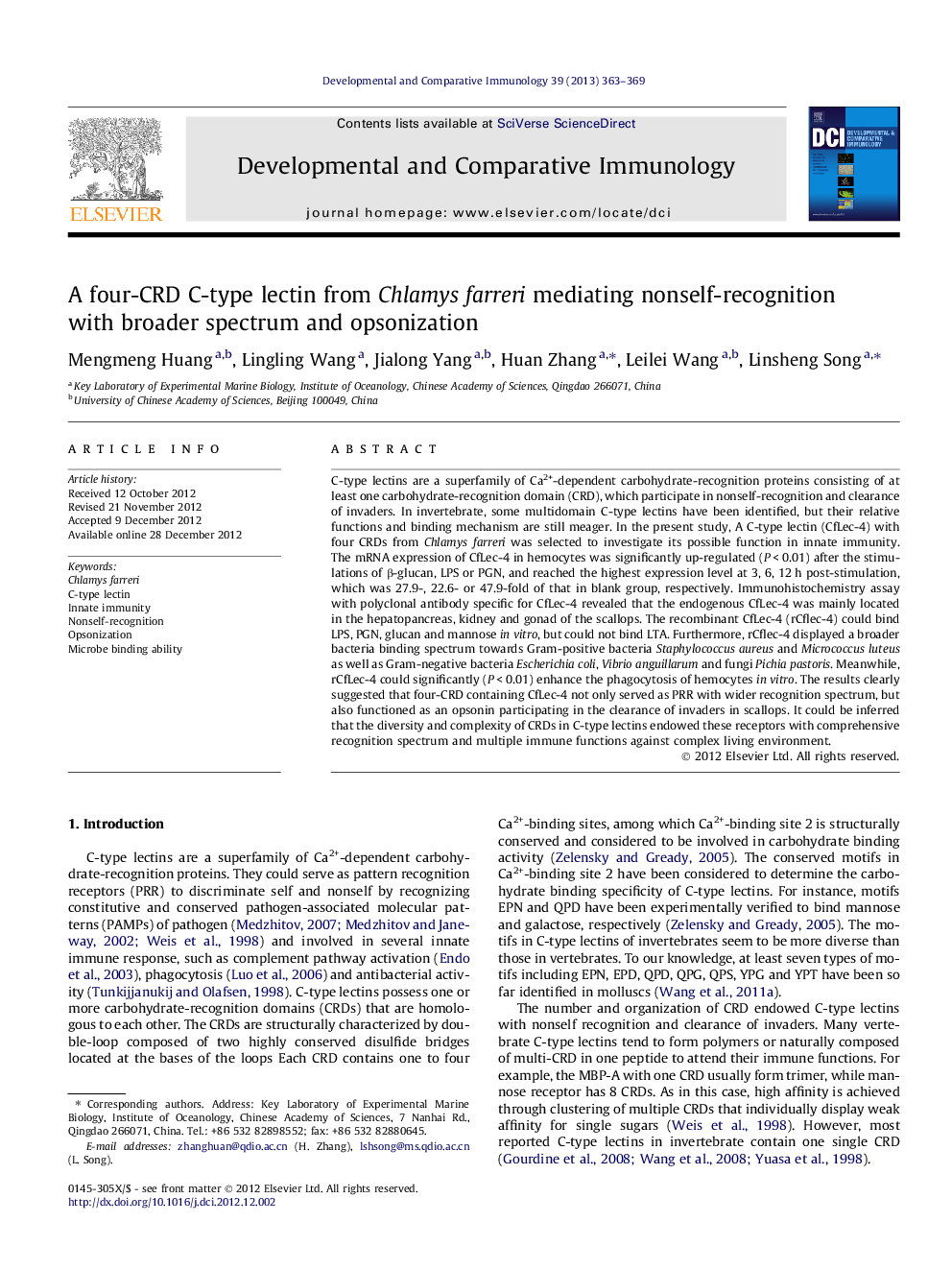 A four-CRD C-type lectin from Chlamys farreri mediating nonself-recognition with broader spectrum and opsonization