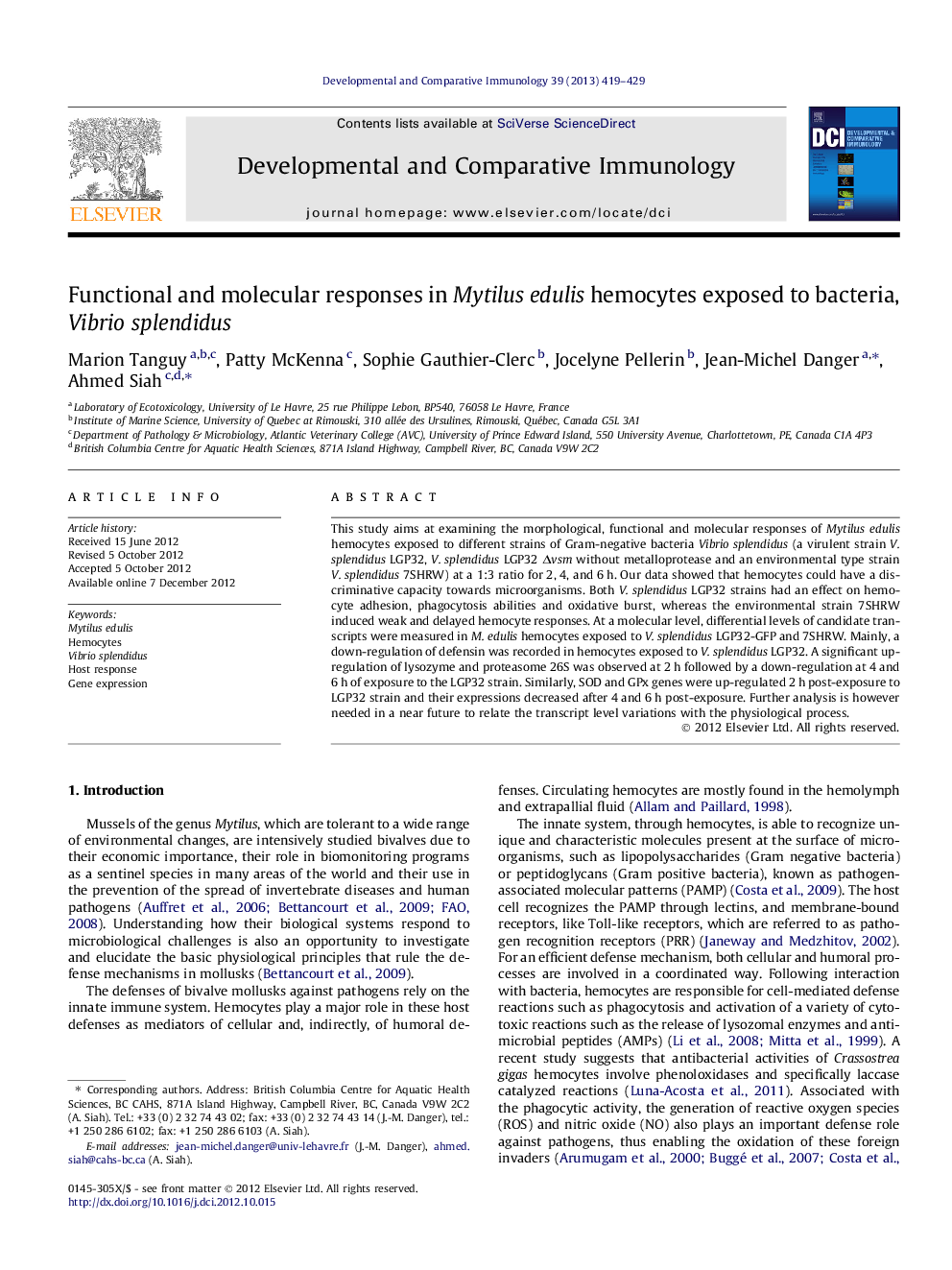 Functional and molecular responses in Mytilus edulis hemocytes exposed to bacteria, Vibrio splendidus