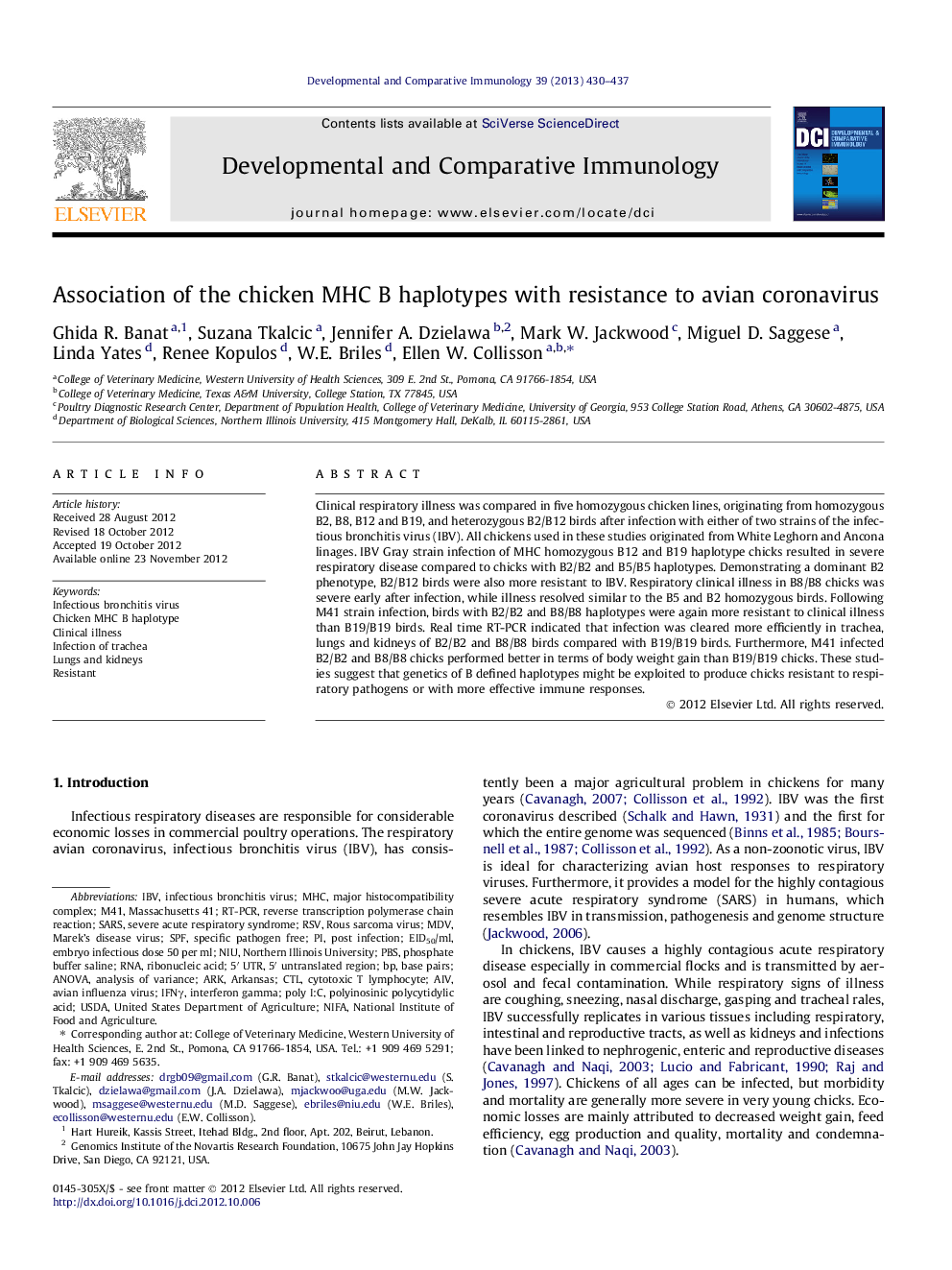 Association of the chicken MHC B haplotypes with resistance to avian coronavirus