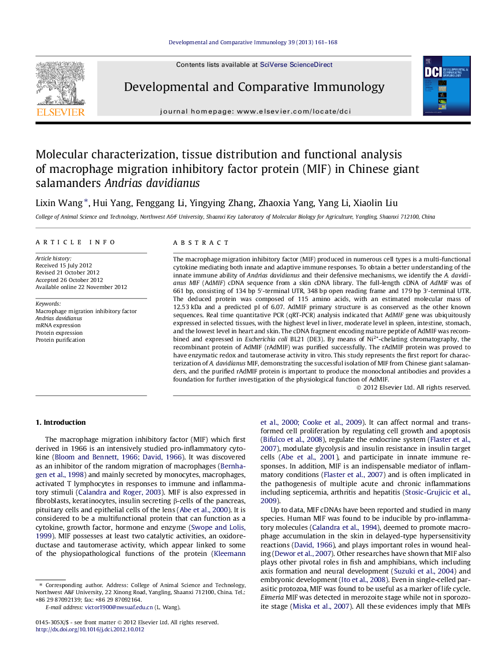 Molecular characterization, tissue distribution and functional analysis of macrophage migration inhibitory factor protein (MIF) in Chinese giant salamanders Andrias davidianus