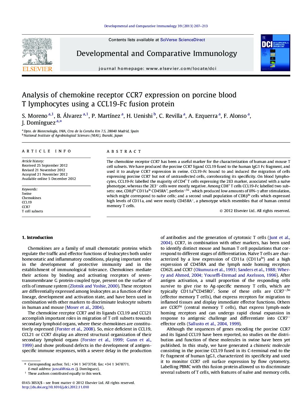 Analysis of chemokine receptor CCR7 expression on porcine blood T lymphocytes using a CCL19-Fc fusion protein