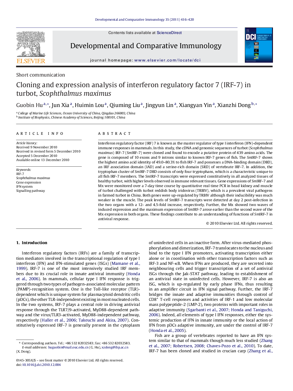 Cloning and expression analysis of interferon regulatory factor 7 (IRF-7) in turbot, Scophthalmus maximus