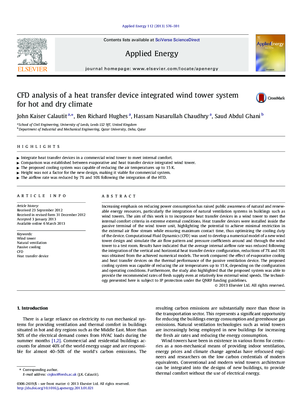 CFD analysis of a heat transfer device integrated wind tower system for hot and dry climate