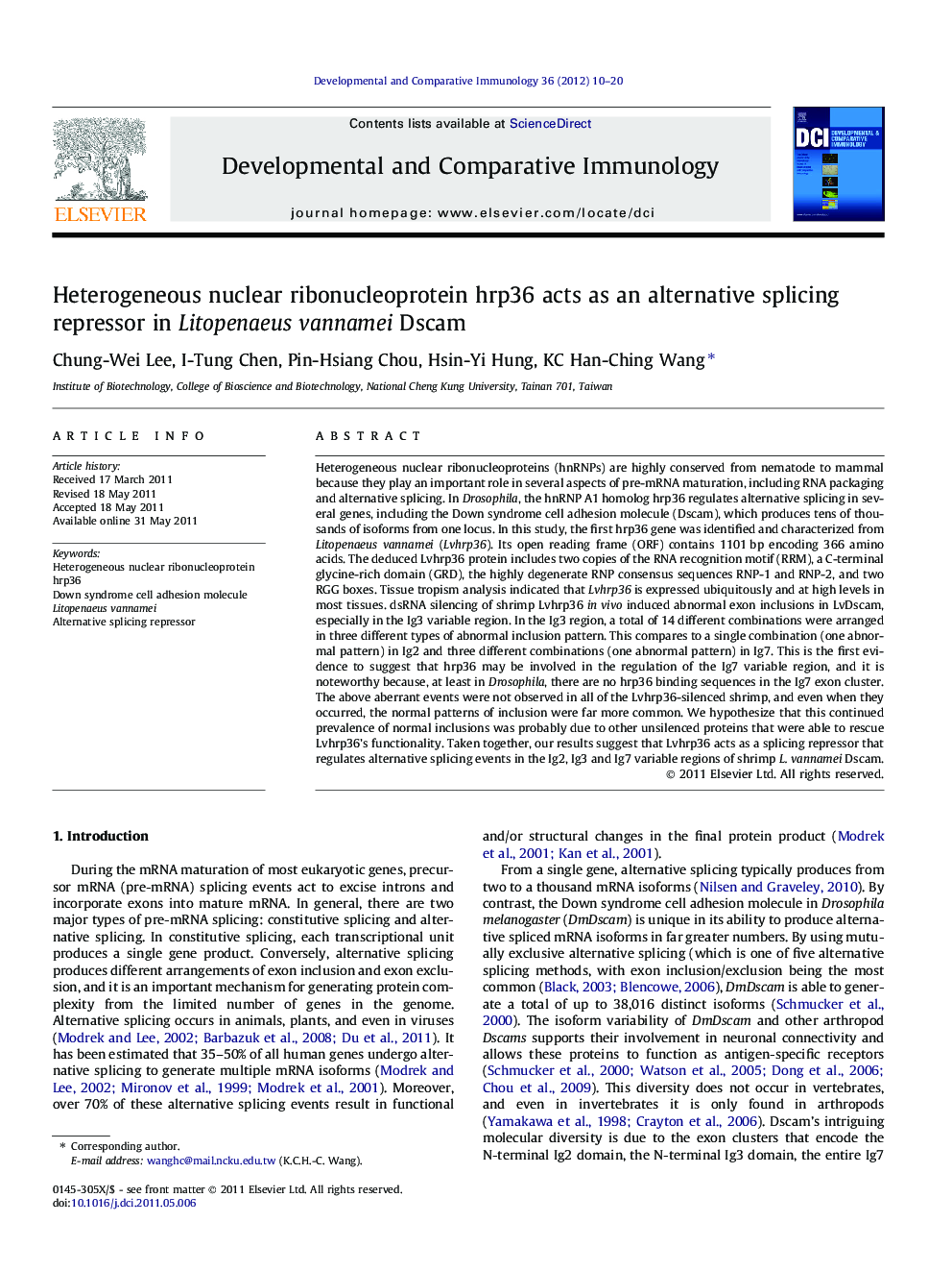 Heterogeneous nuclear ribonucleoprotein hrp36 acts as an alternative splicing repressor in Litopenaeus vannamei Dscam