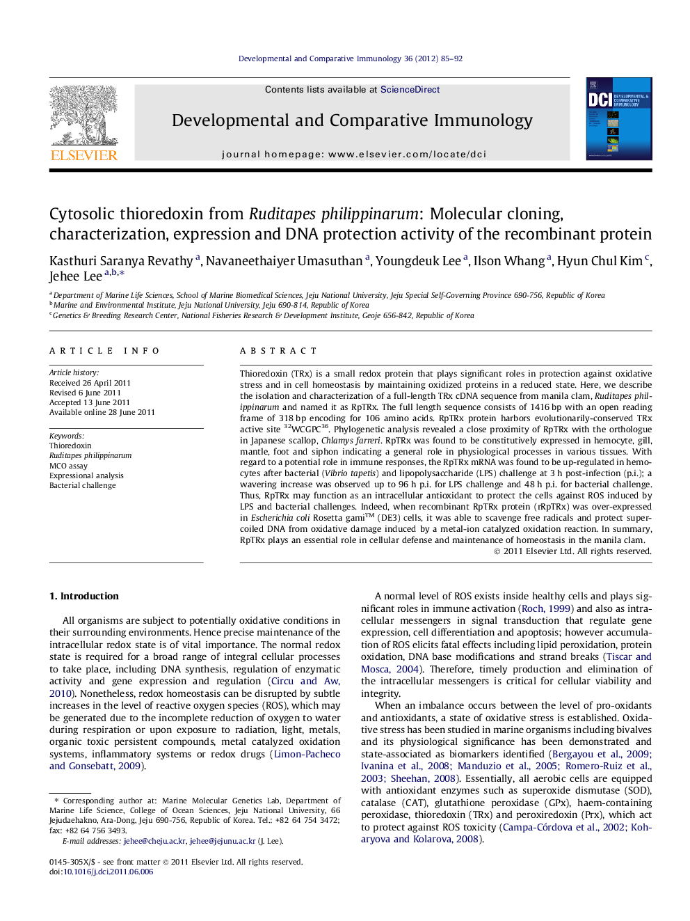 Cytosolic thioredoxin from Ruditapes philippinarum: Molecular cloning, characterization, expression and DNA protection activity of the recombinant protein