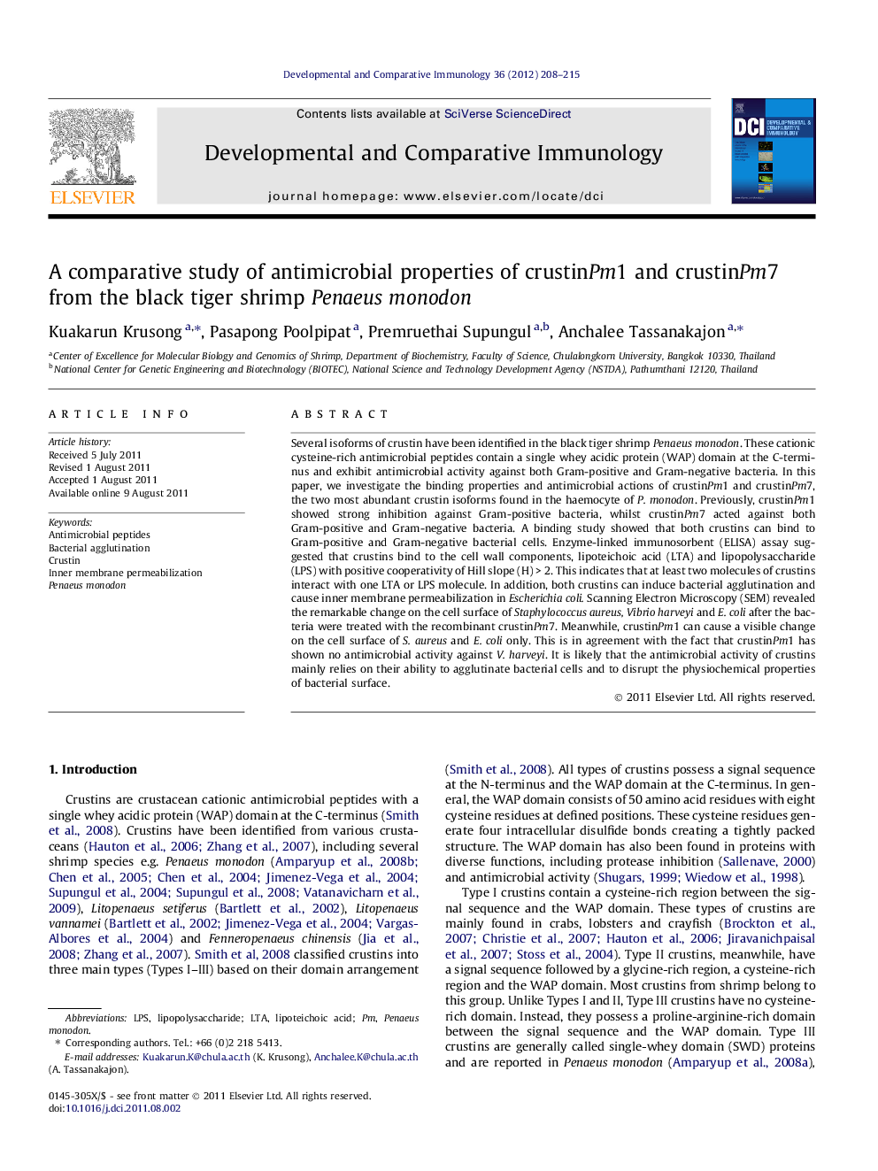 A comparative study of antimicrobial properties of crustinPm1 and crustinPm7 from the black tiger shrimp Penaeus monodon