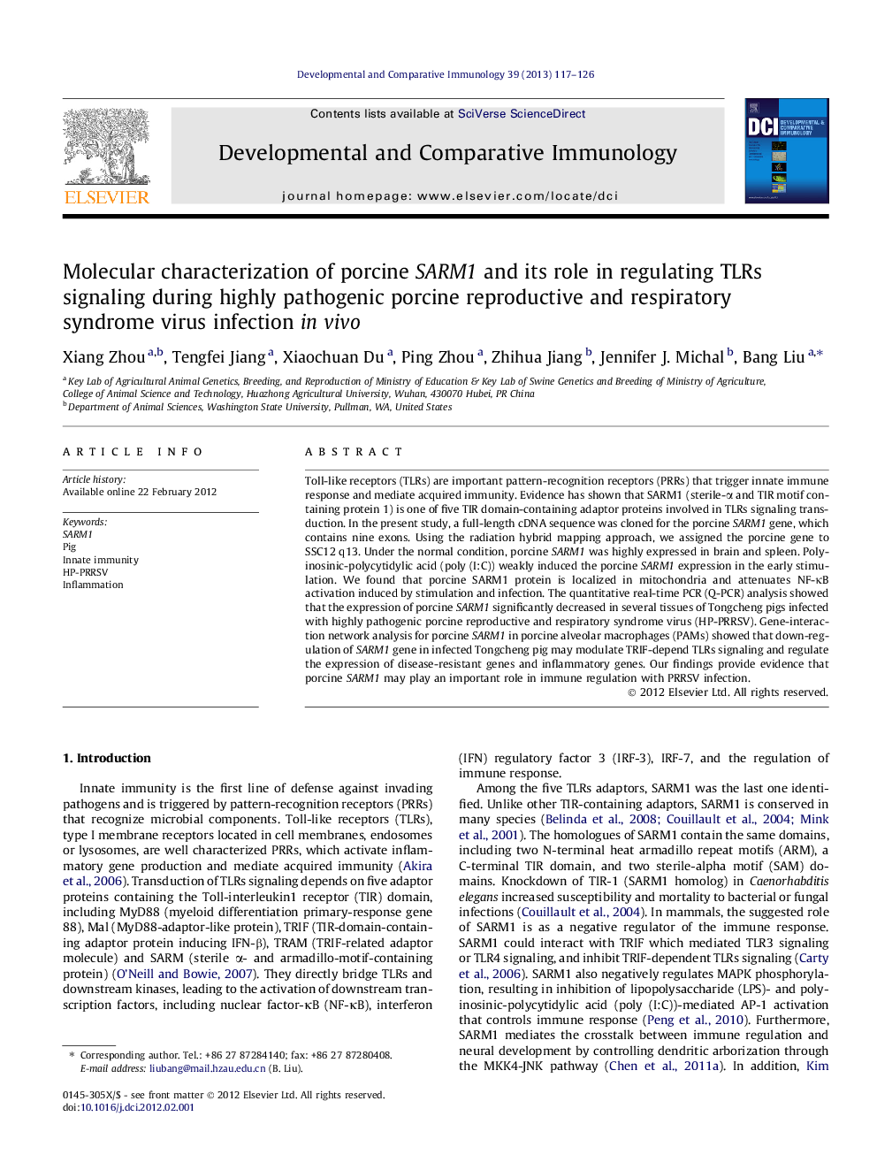 Molecular characterization of porcine SARM1 and its role in regulating TLRs signaling during highly pathogenic porcine reproductive and respiratory syndrome virus infection in vivo