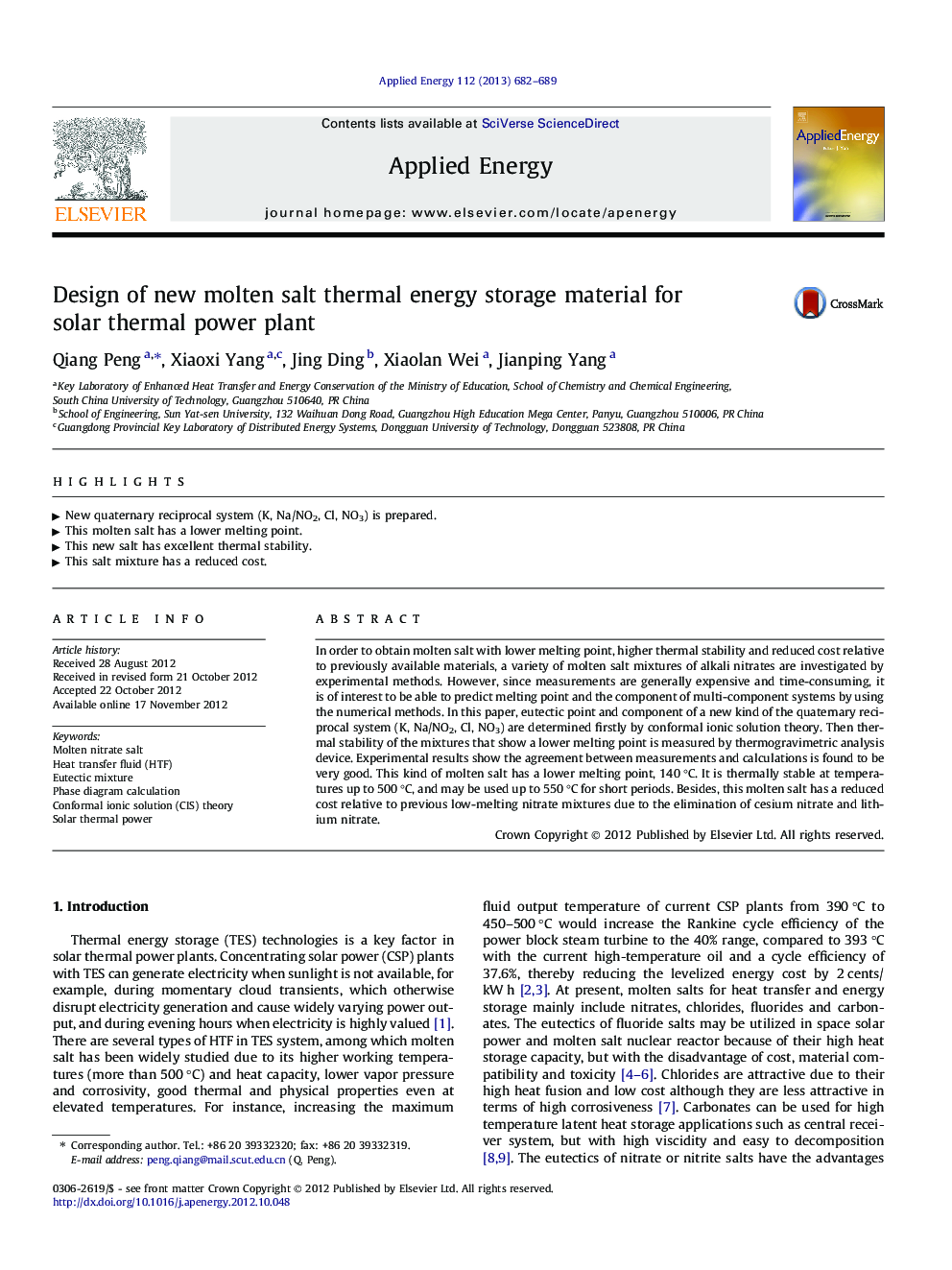 Design of new molten salt thermal energy storage material for solar thermal power plant