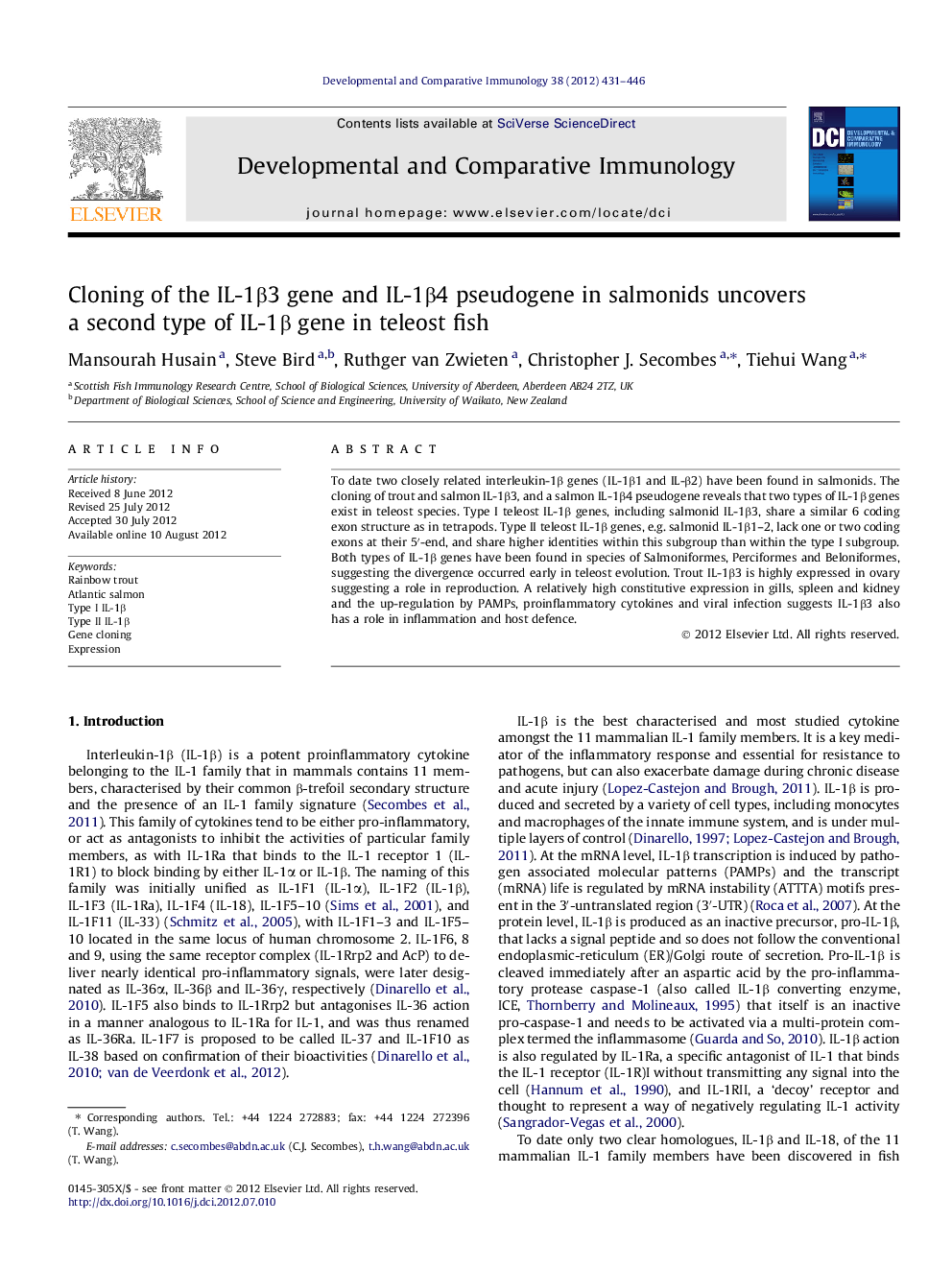 Cloning of the IL-1β3 gene and IL-1β4 pseudogene in salmonids uncovers a second type of IL-1β gene in teleost fish