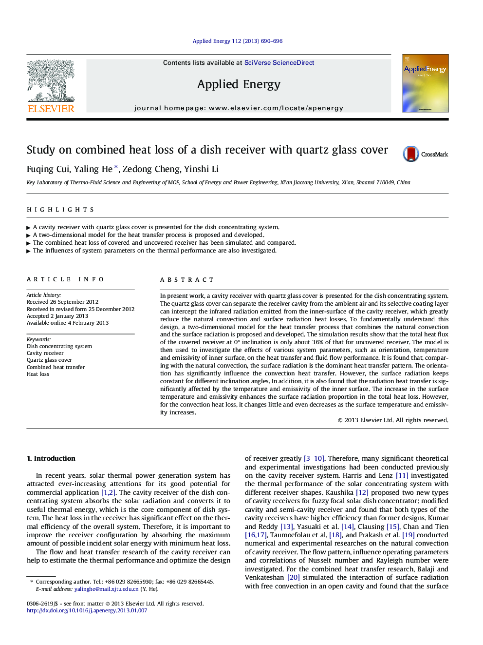 عکس صفحه اول مقاله: Study on combined heat loss of a dish receiver with quartz glass cover Study on combined heat loss of a dish receiver with quartz glass cover