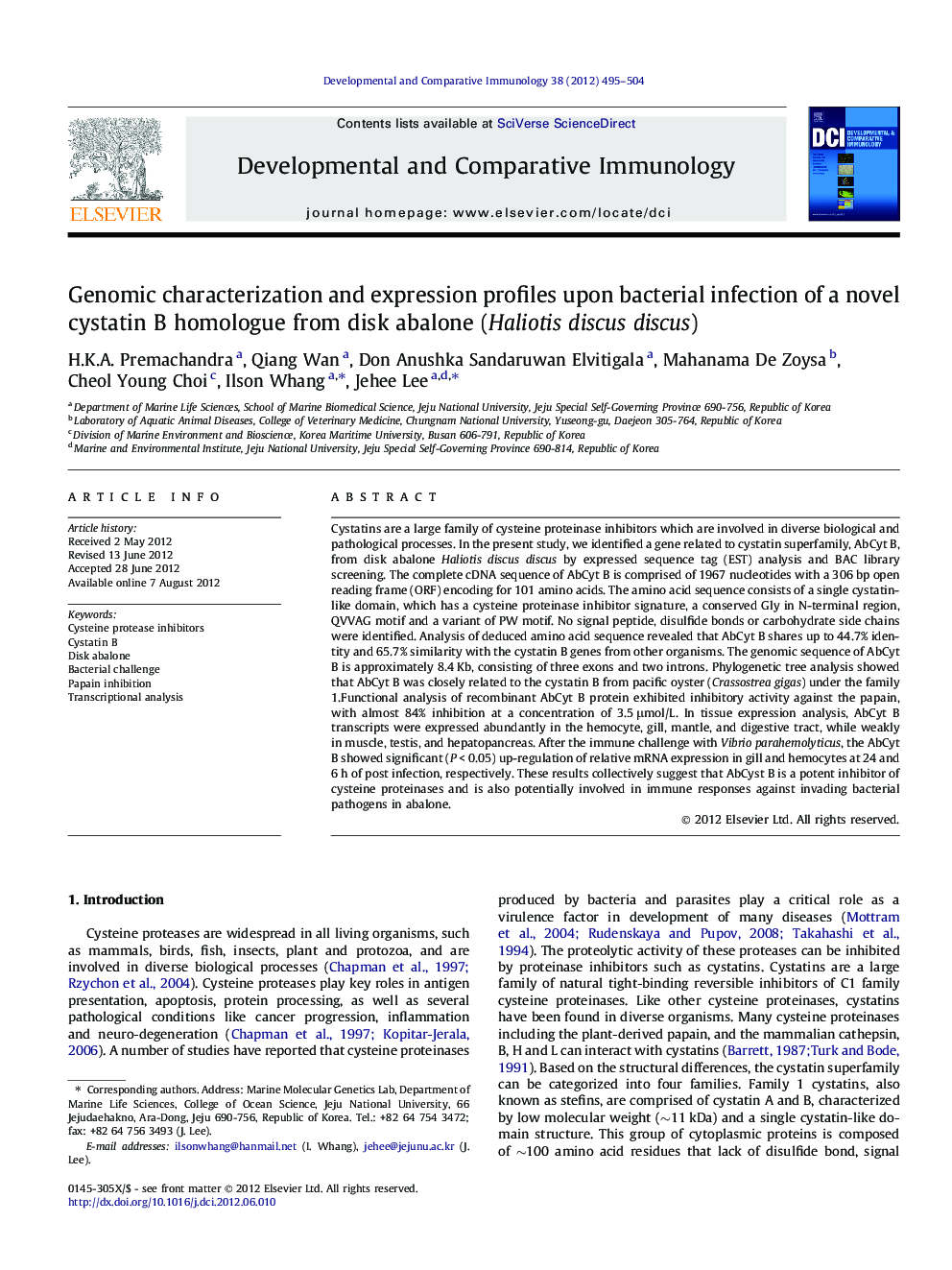 Genomic characterization and expression profiles upon bacterial infection of a novel cystatin B homologue from disk abalone (Haliotis discus discus)