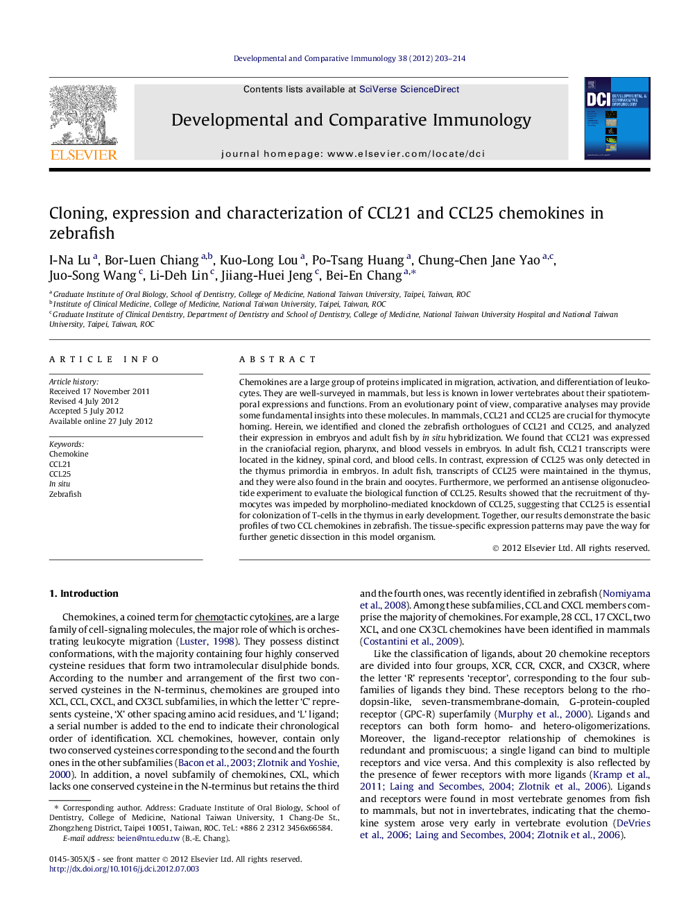 Cloning, expression and characterization of CCL21 and CCL25 chemokines in zebrafish