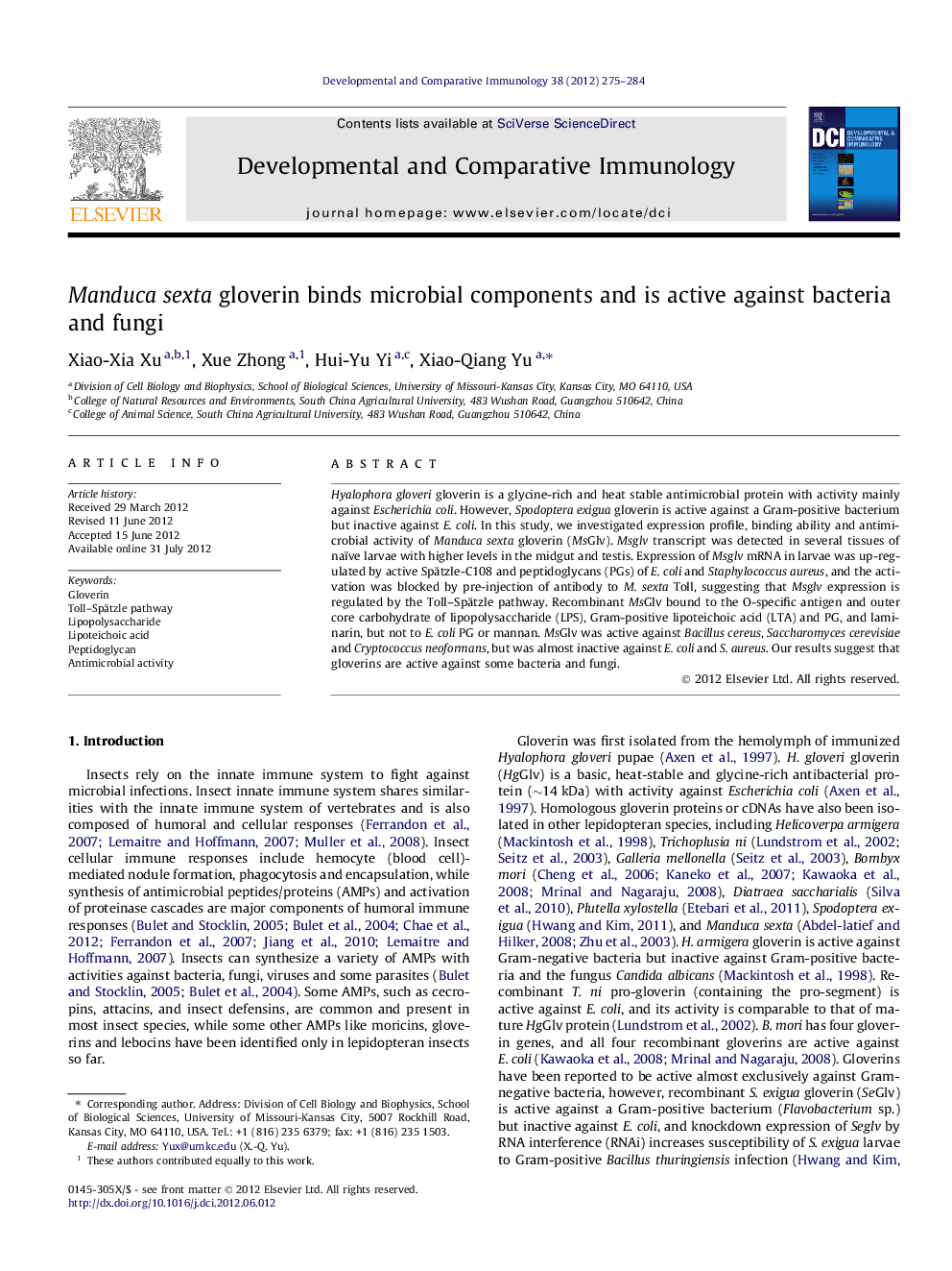 Manduca sexta gloverin binds microbial components and is active against bacteria and fungi