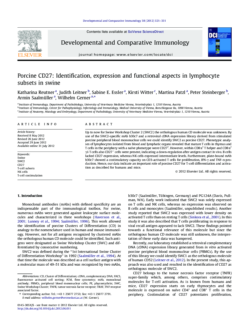 Porcine CD27: Identification, expression and functional aspects in lymphocyte subsets in swine