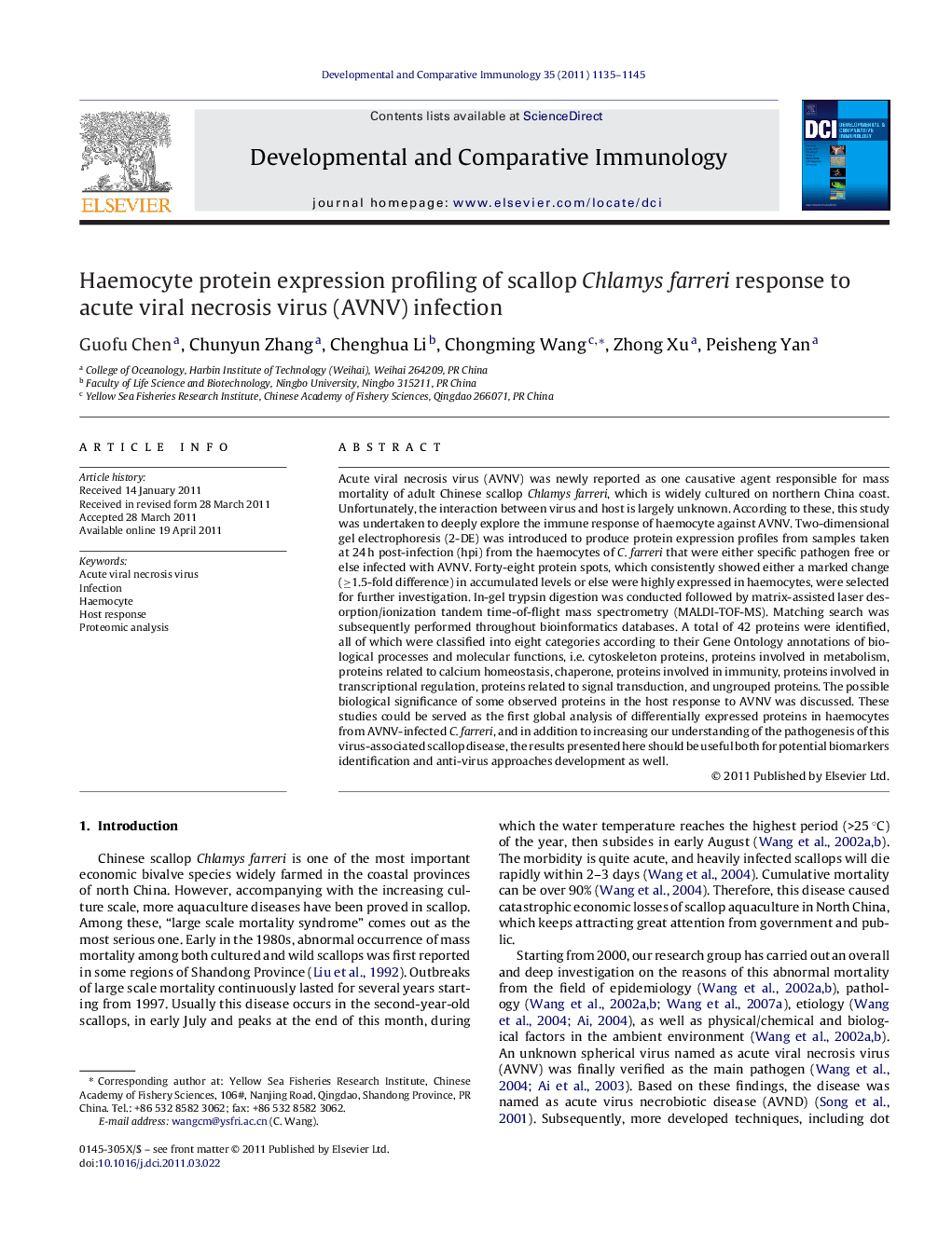 Haemocyte protein expression profiling of scallop Chlamys farreri response to acute viral necrosis virus (AVNV) infection