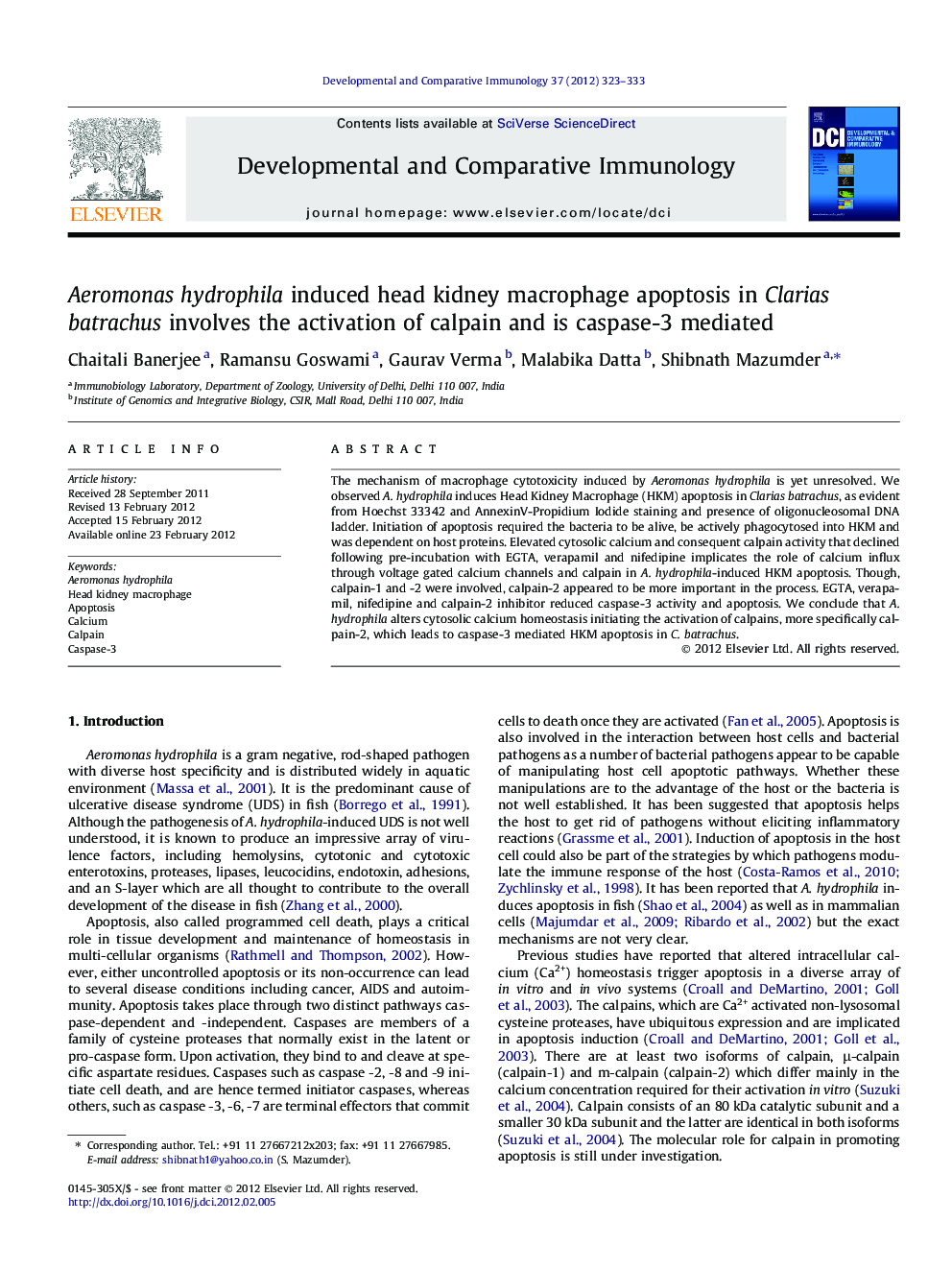 Aeromonas hydrophila induced head kidney macrophage apoptosis in Clarias batrachus involves the activation of calpain and is caspase-3 mediated