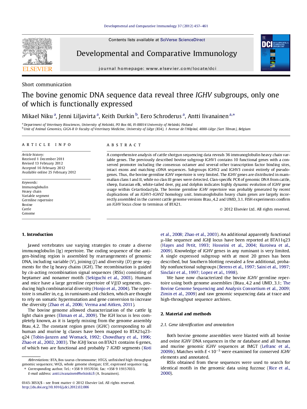 The bovine genomic DNA sequence data reveal three IGHV subgroups, only one of which is functionally expressed