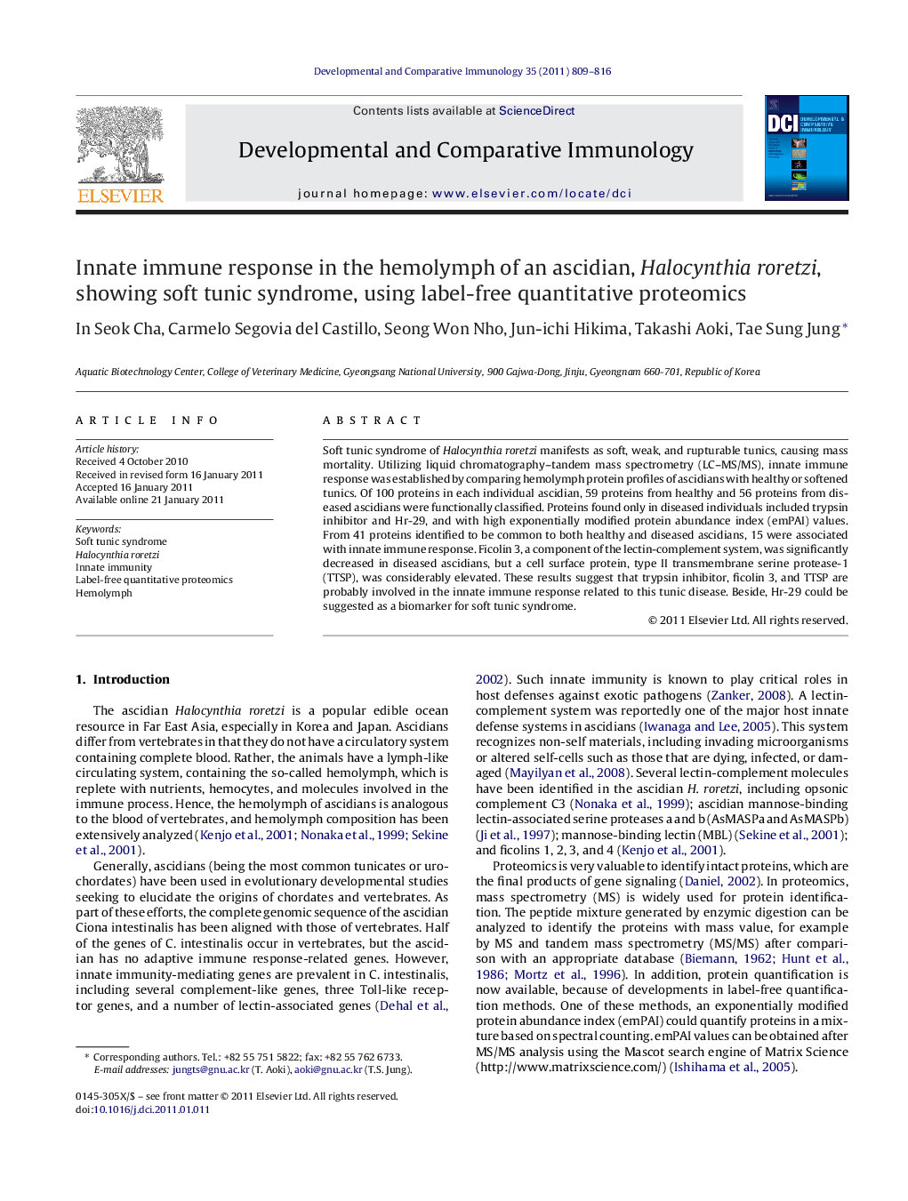 Innate immune response in the hemolymph of an ascidian, Halocynthia roretzi, showing soft tunic syndrome, using label-free quantitative proteomics