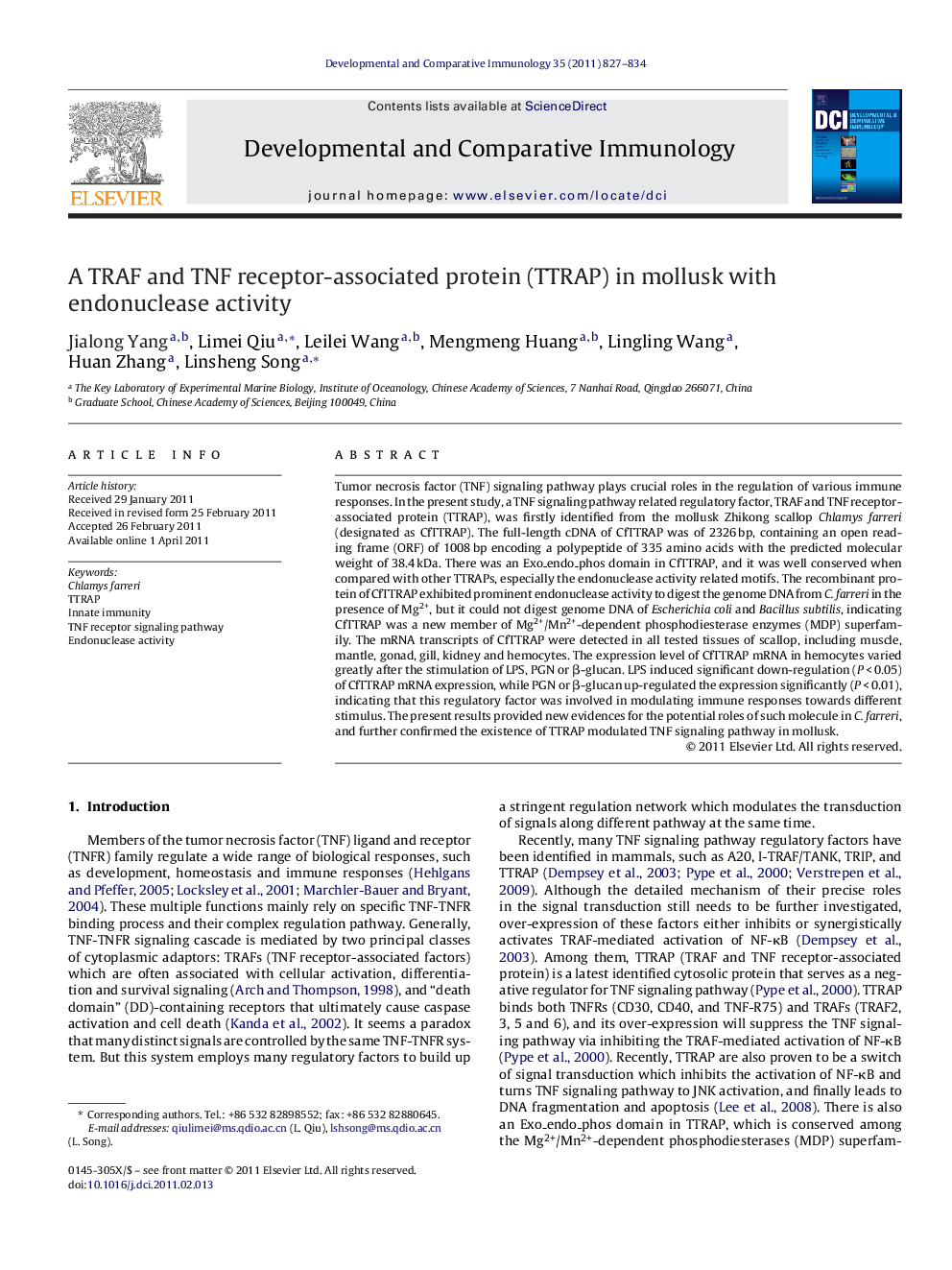 A TRAF and TNF receptor-associated protein (TTRAP) in mollusk with endonuclease activity