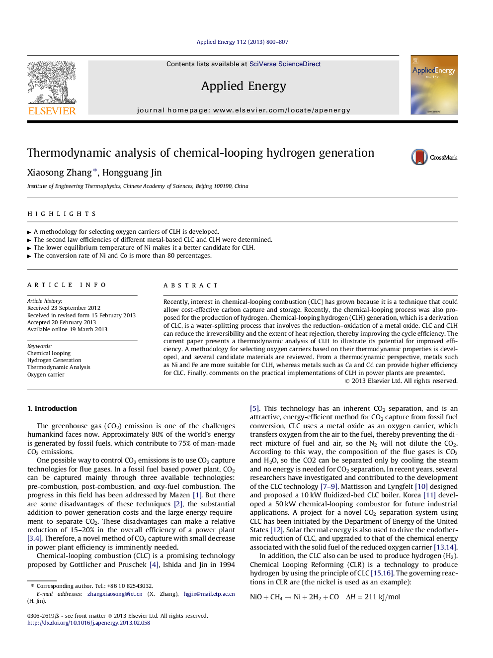 Thermodynamic analysis of chemical-looping hydrogen generation