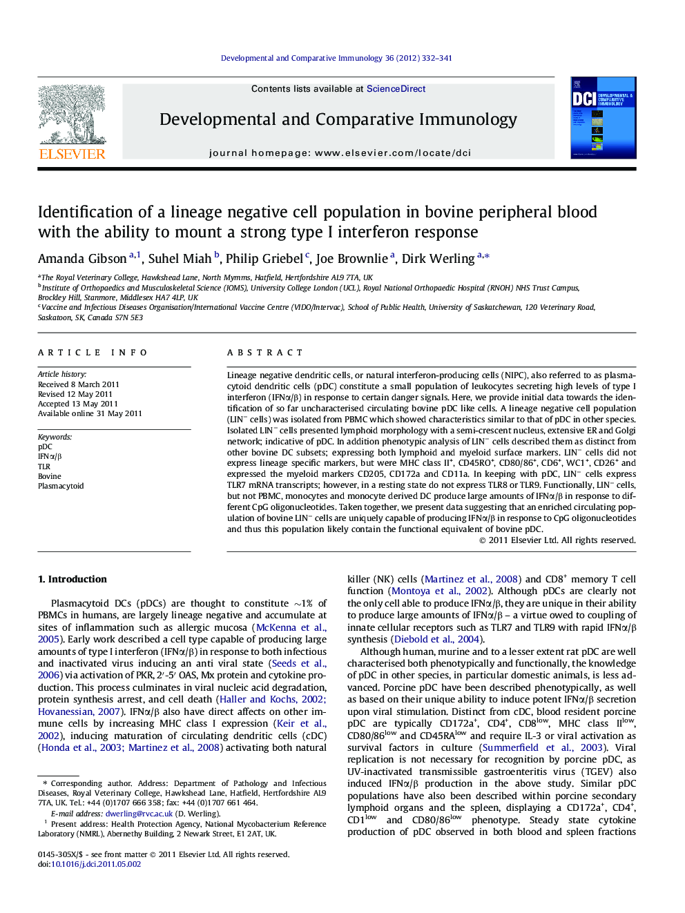 Identification of a lineage negative cell population in bovine peripheral blood with the ability to mount a strong type I interferon response